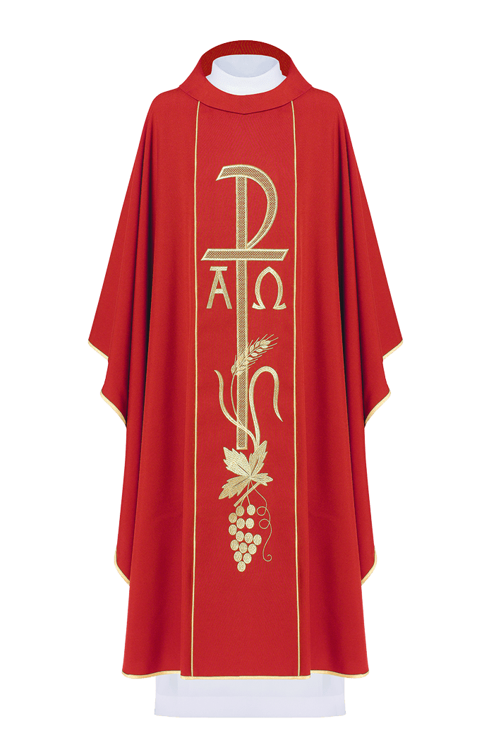 Red Chasuble with Alpha and Omega embroidery KOR/075/02/01 CZERWONY - HAFTINAUSA.COM