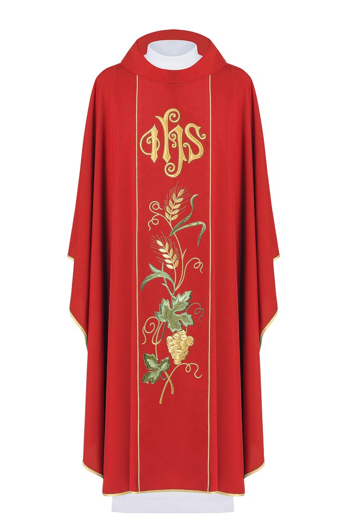 Red chasuble with IHS, ears of wheat, and grapes embroidery on a belt KOR/117/02/01 CZERWONY - HAFTINAUSA.COM