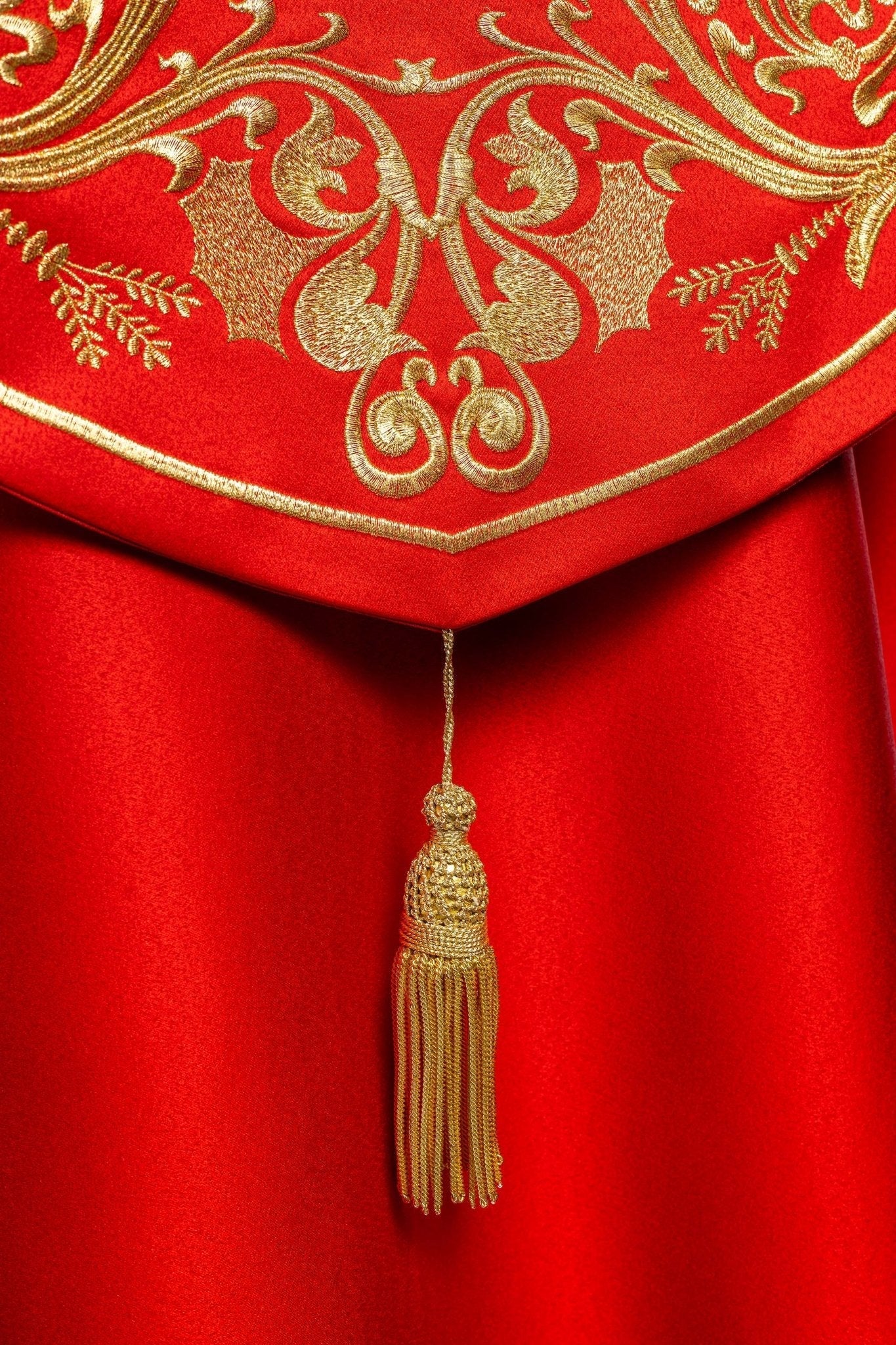 Red clerical cope with gold IHS embroidery KKP/009/02/20 145cm - HAFTINAUSA.COM