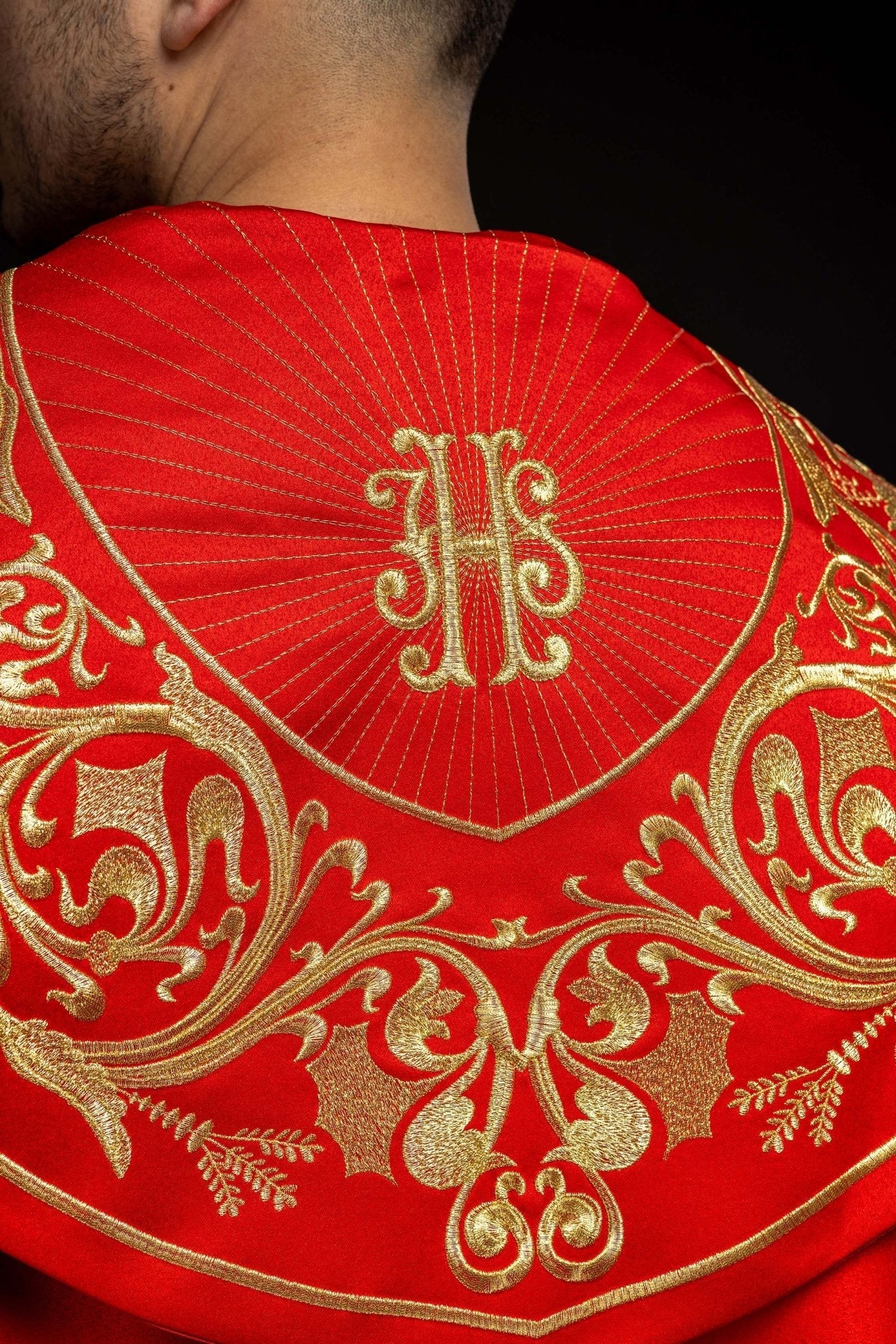Red clerical cope with gold IHS embroidery KKP/009/02/20 145cm - HAFTINAUSA.COM
