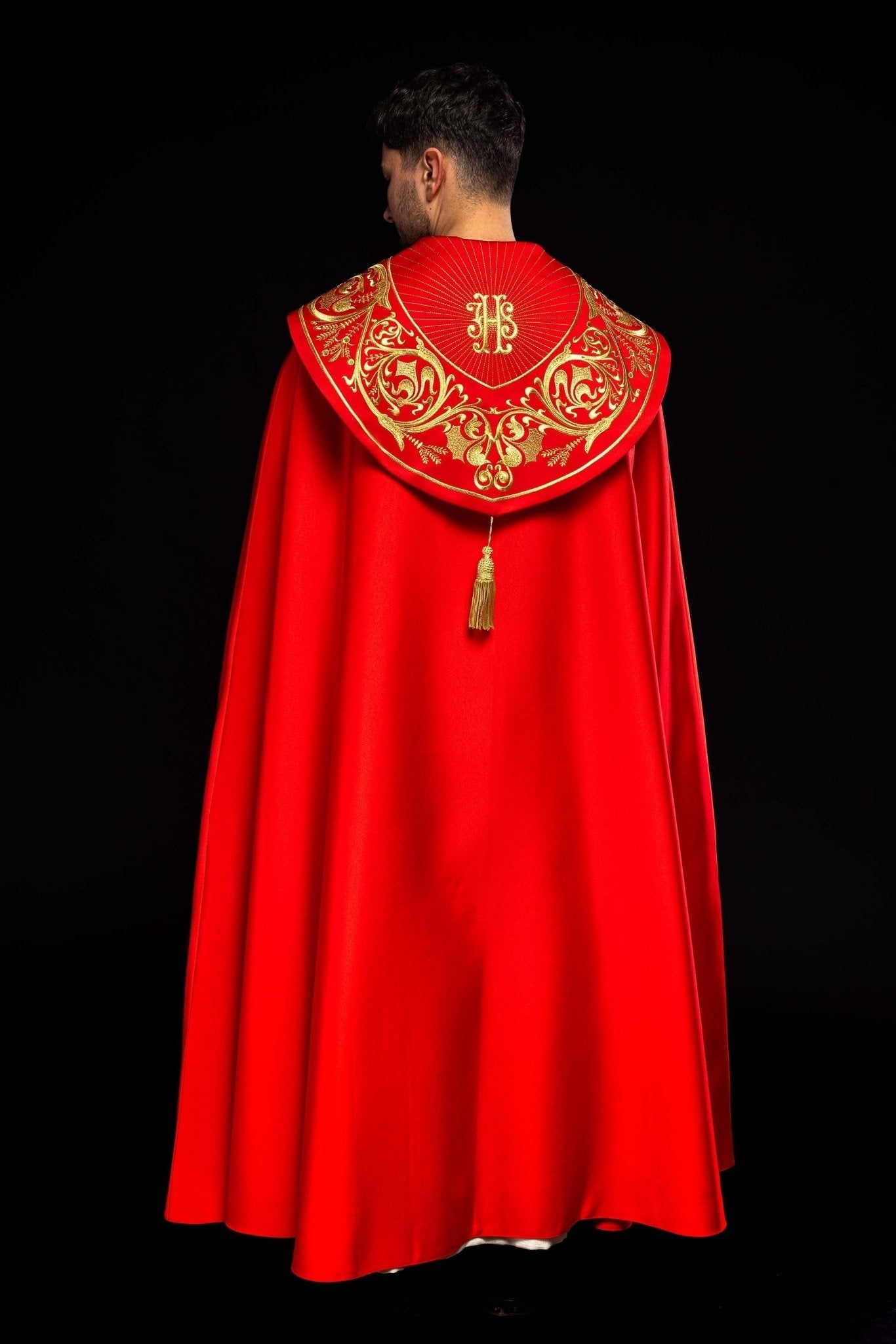 Red clerical cope with gold IHS embroidery KKP/009/02/20 145cm - HAFTINAUSA.COM