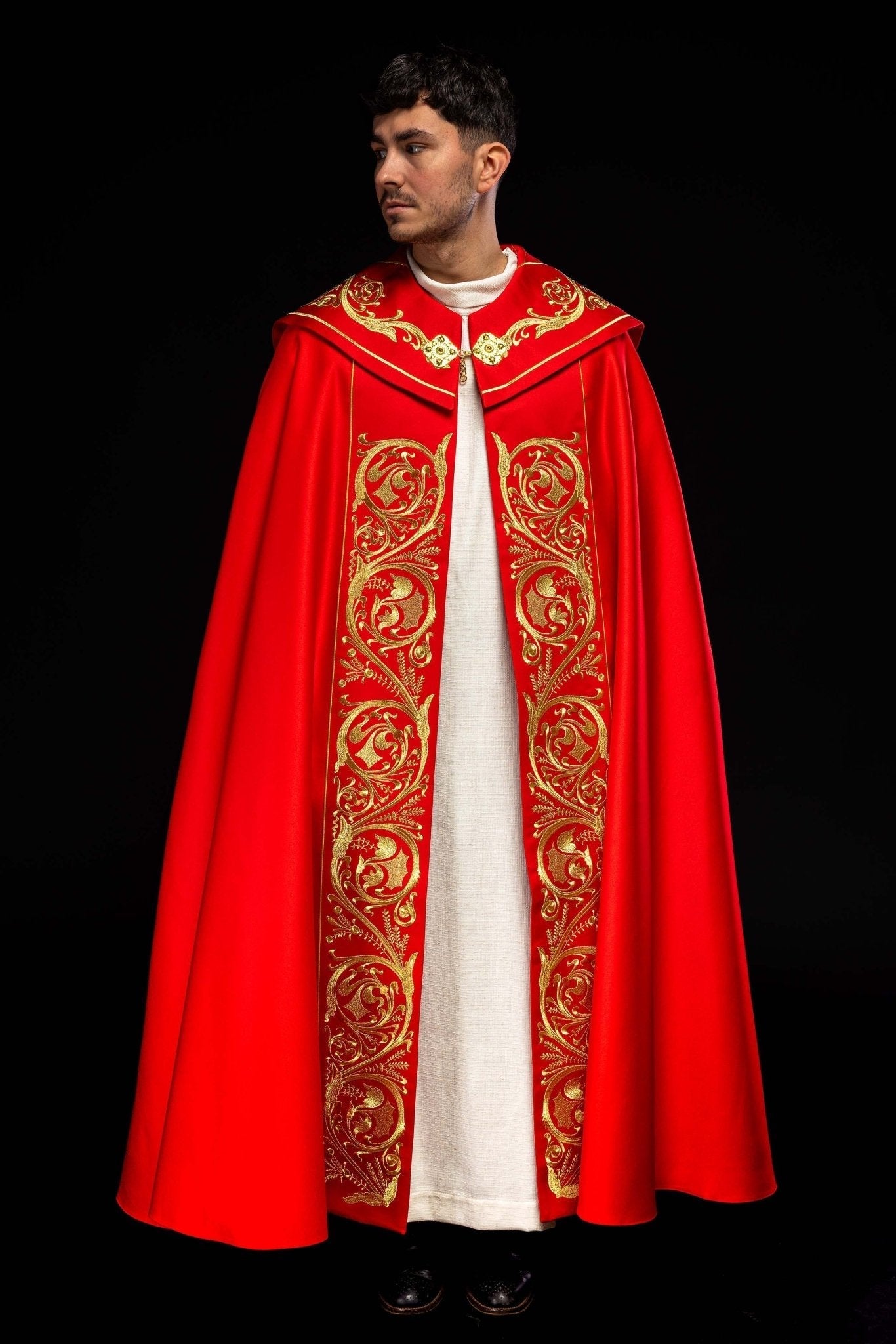 Red clerical cope with gold IHS embroidery KKP/009/02/20 145cm - HAFTINAUSA.COM