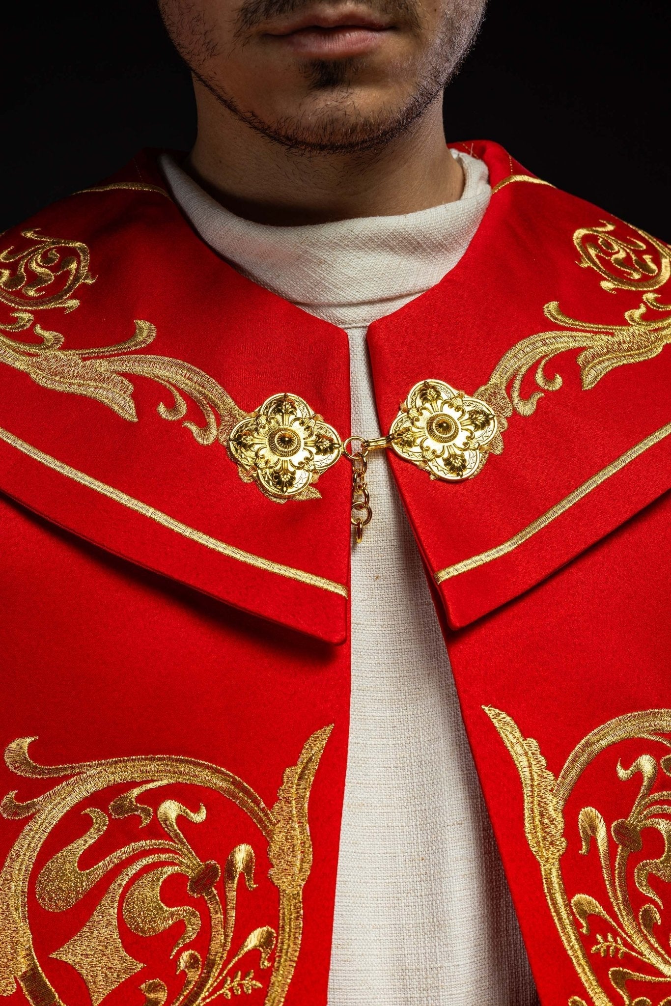 Red clerical cope with gold IHS embroidery KKP/009/02/20 145cm - HAFTINAUSA.COM