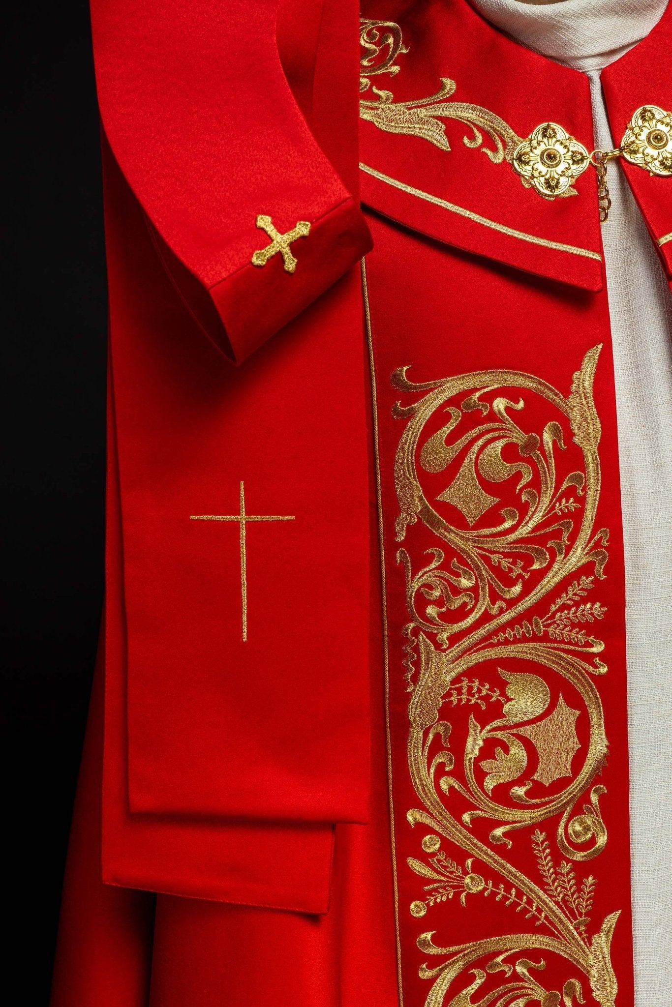 Red clerical cope with gold IHS embroidery KKP/009/02/20 145cm - HAFTINAUSA.COM