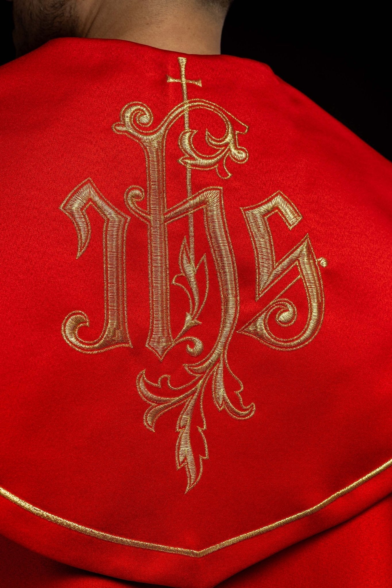 Red cope embroidered front and back with IHS monogram KKP/023/02/20 145cm - HAFTINAUSA.COM