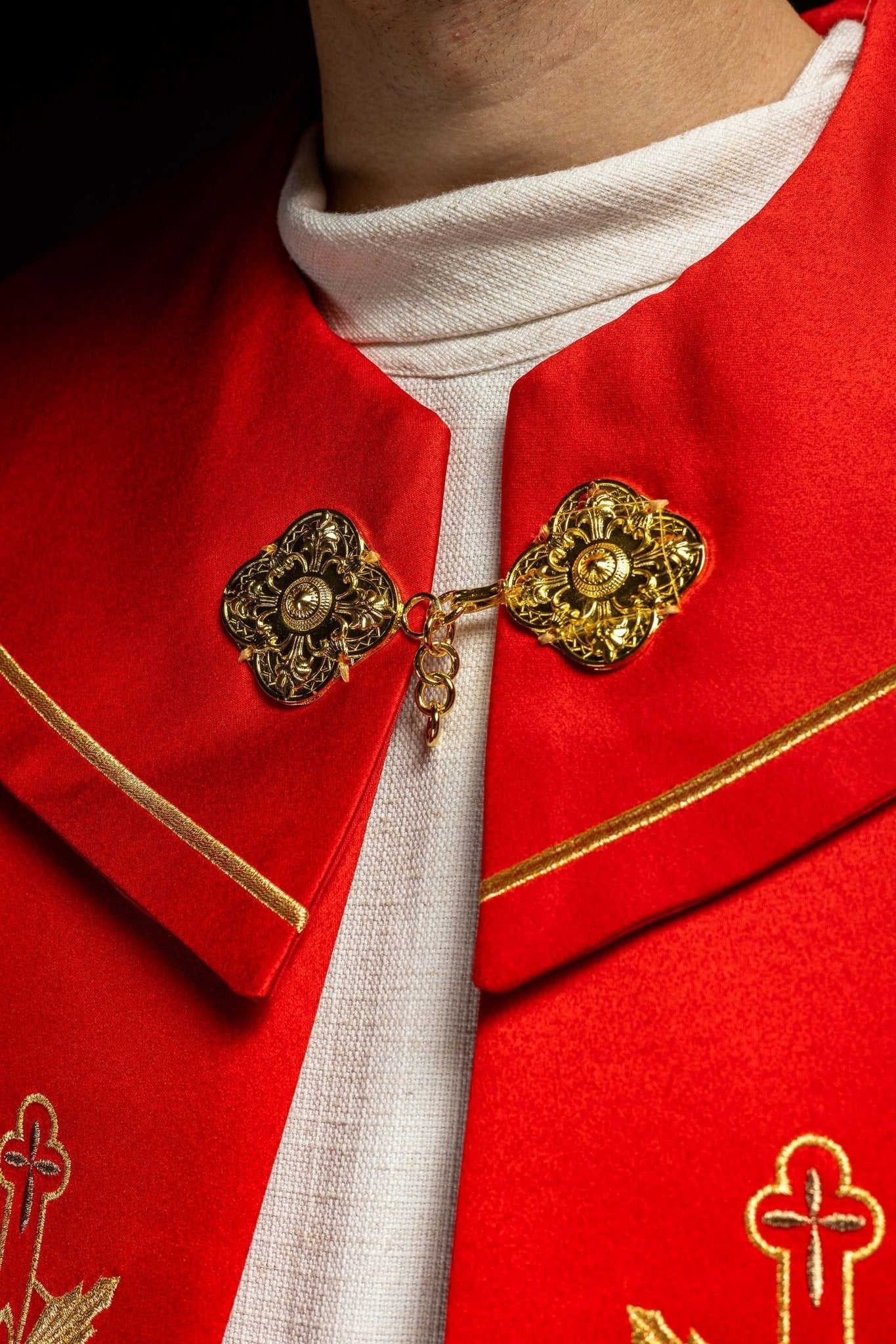 Red cope embroidered front and back with IHS monogram KKP/023/02/20 145cm - HAFTINAUSA.COM