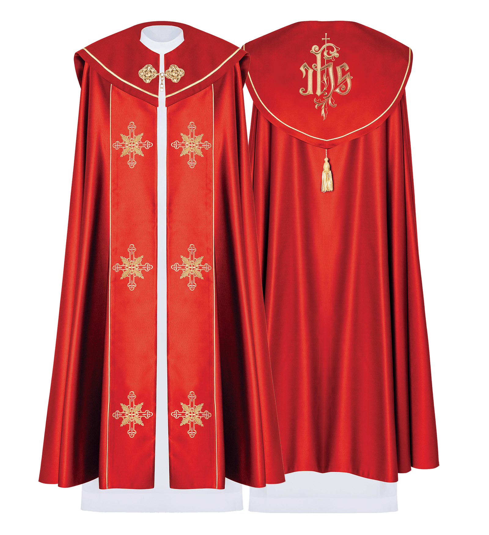 Red cope embroidered front and back with IHS monogram KKP/023/02/20 145cm - HAFTINAUSA.COM