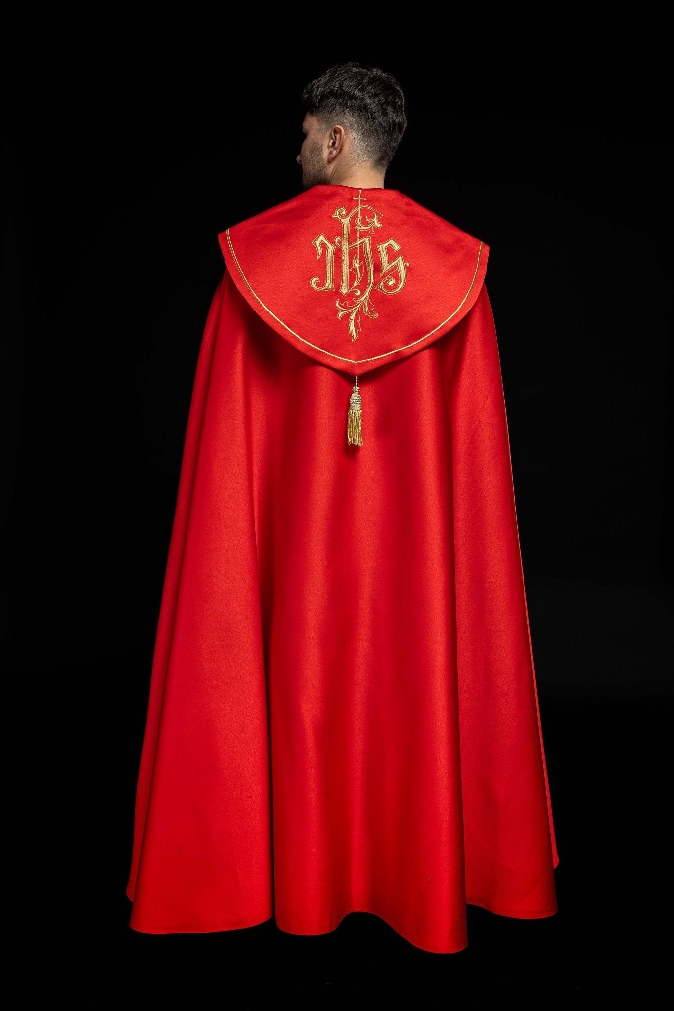 Red cope embroidered front and back with IHS monogram KKP/023/02/20 145cm - HAFTINAUSA.COM