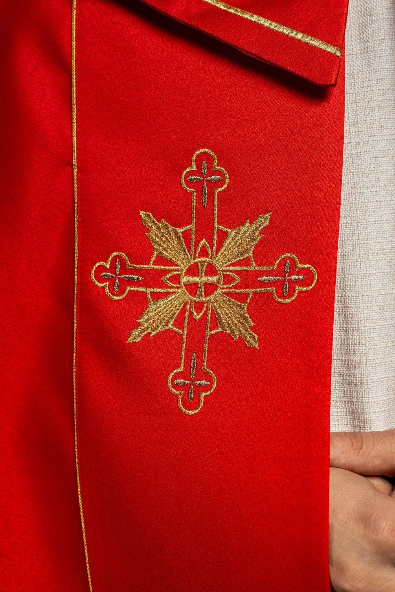 Red cope embroidered front and back with IHS monogram KKP/023/02/20 145cm - HAFTINAUSA.COM