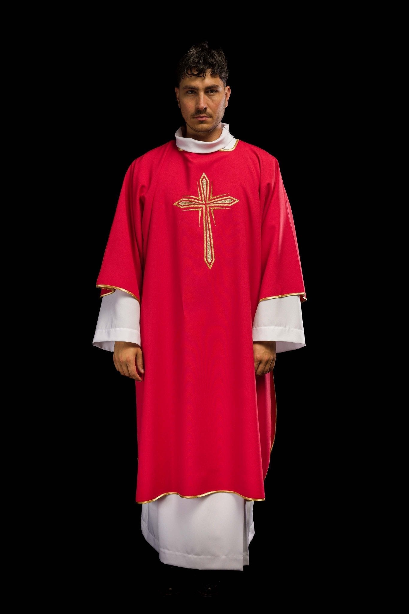 Red dalmatic with embroidered golden cross KDL/037/02/12/D - HAFTINAUSA.COM