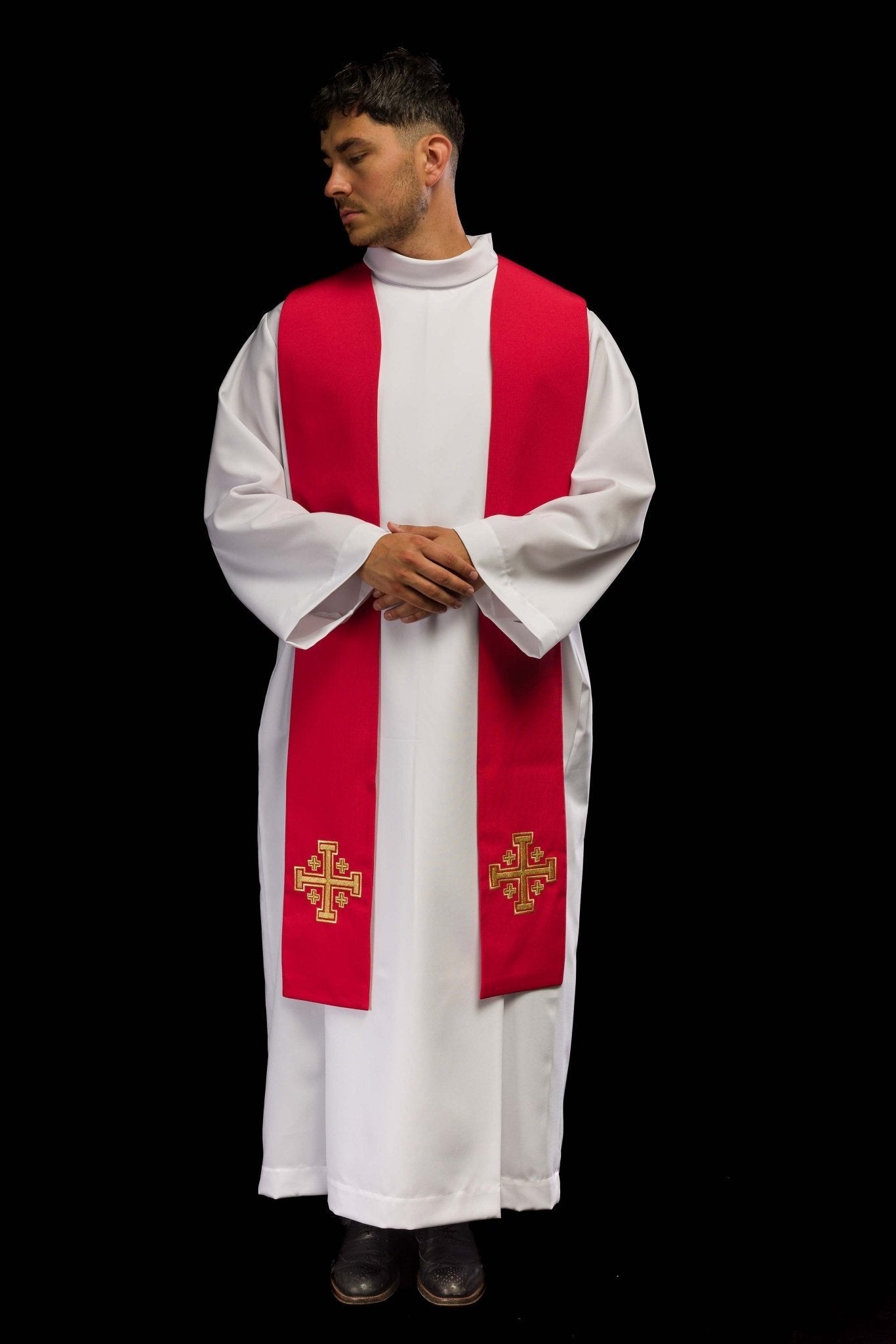 Red Jerusalem Cross embroidered priestly stole KST/046/02/01 CZERWONY - HAFTINAUSA.COM