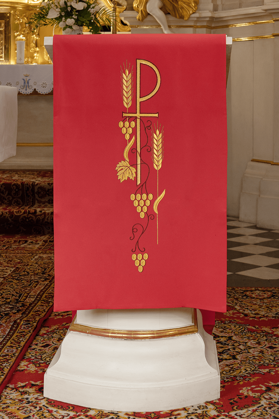 Red lectern cover with embroidered PAX symbol | HAFTINAUSA.COM