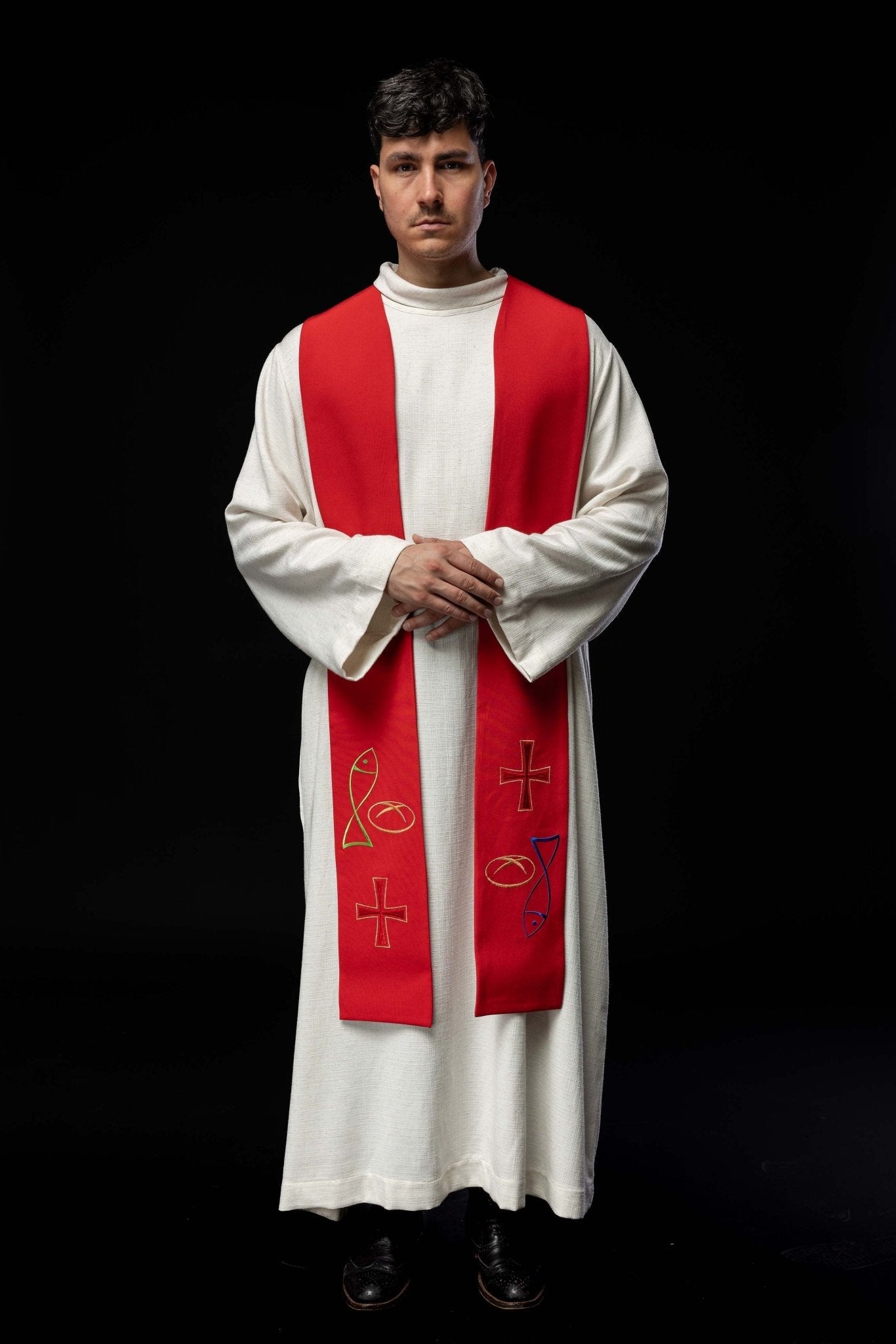 Red priestly stole embroidered with Bread Cross Fish motif KST/007/02/12 CZERWONY - HAFTINAUSA.COM
