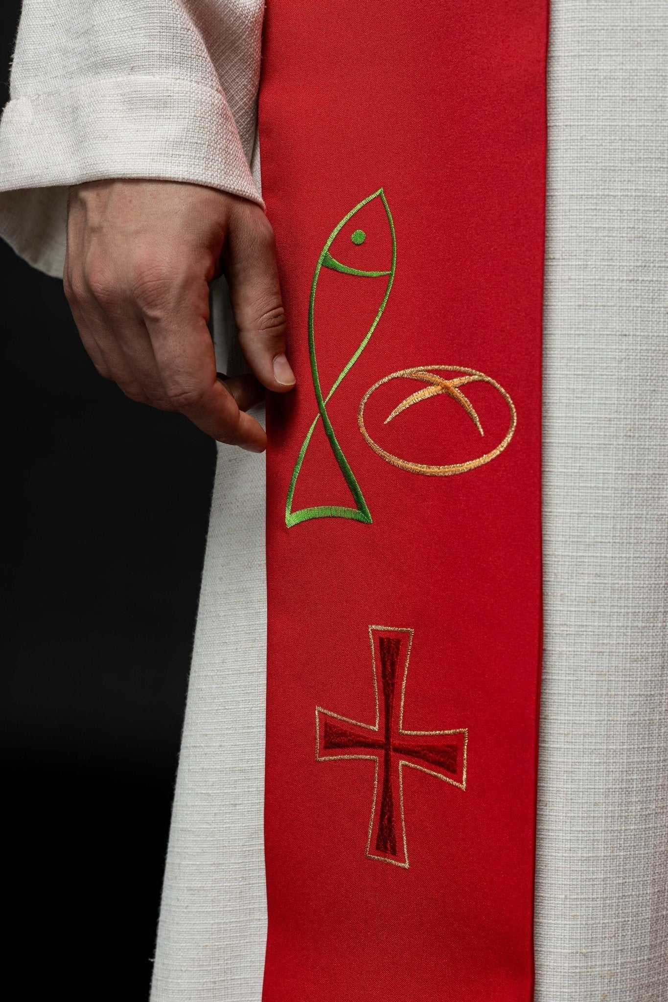 Red priestly stole embroidered with Bread Cross Fish motif KST/007/02/12 CZERWONY - HAFTINAUSA.COM