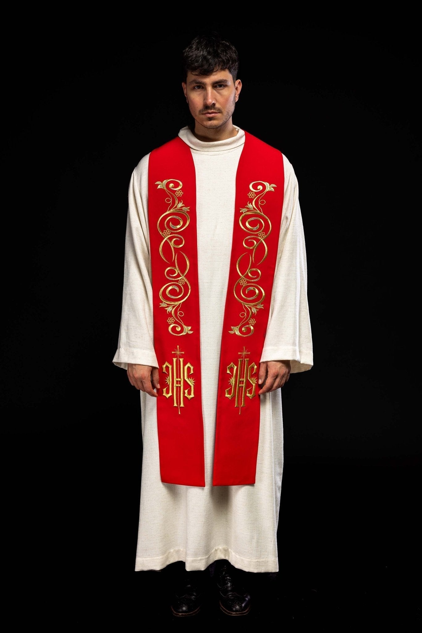 Red priestly stole embroidered with IHS KST/031/02/01 CZERWONY - HAFTINAUSA.COM