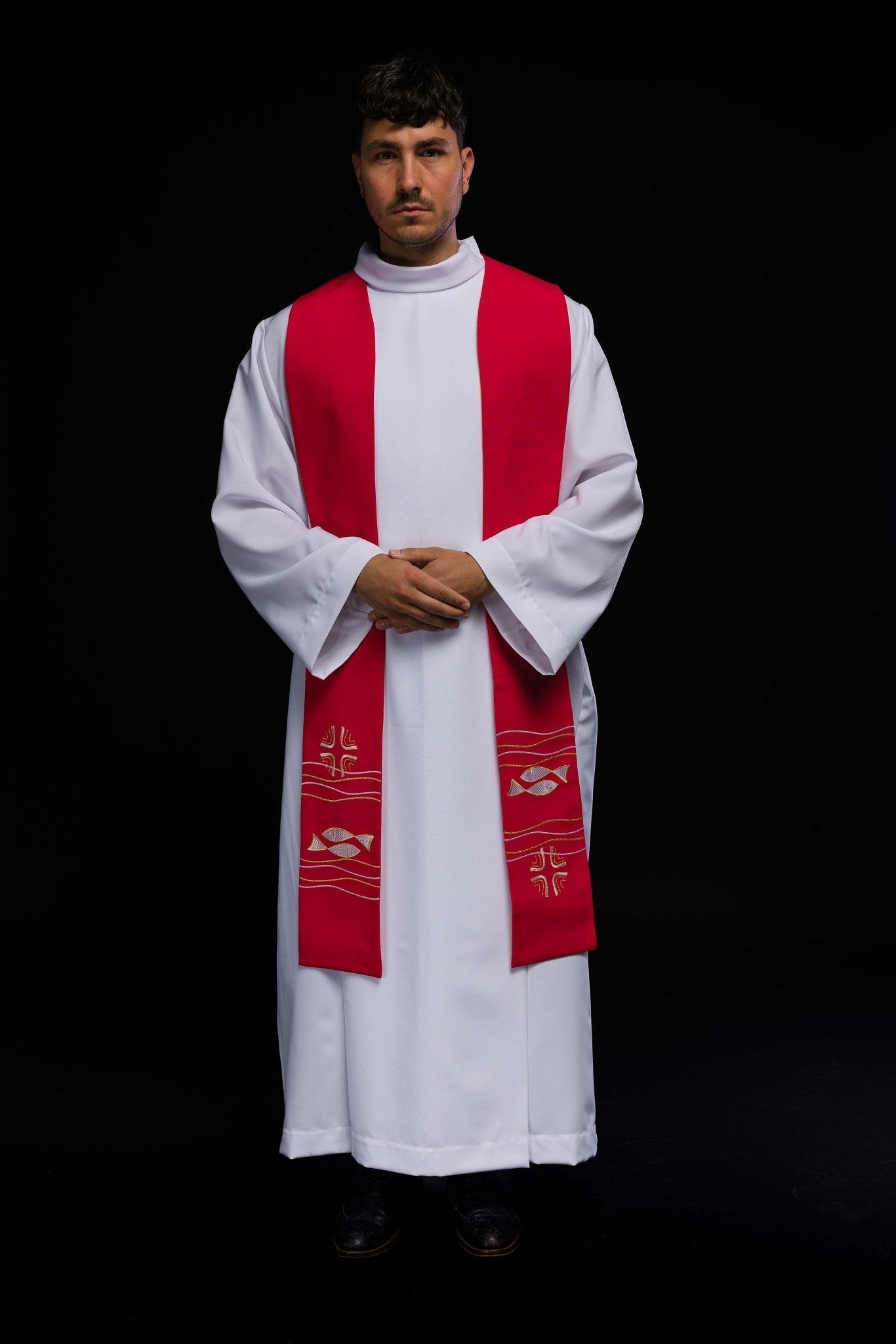 Red priestly stole with embroidered Fish motif KST/022/02/01 CZERWONY - HAFTINAUSA.COM