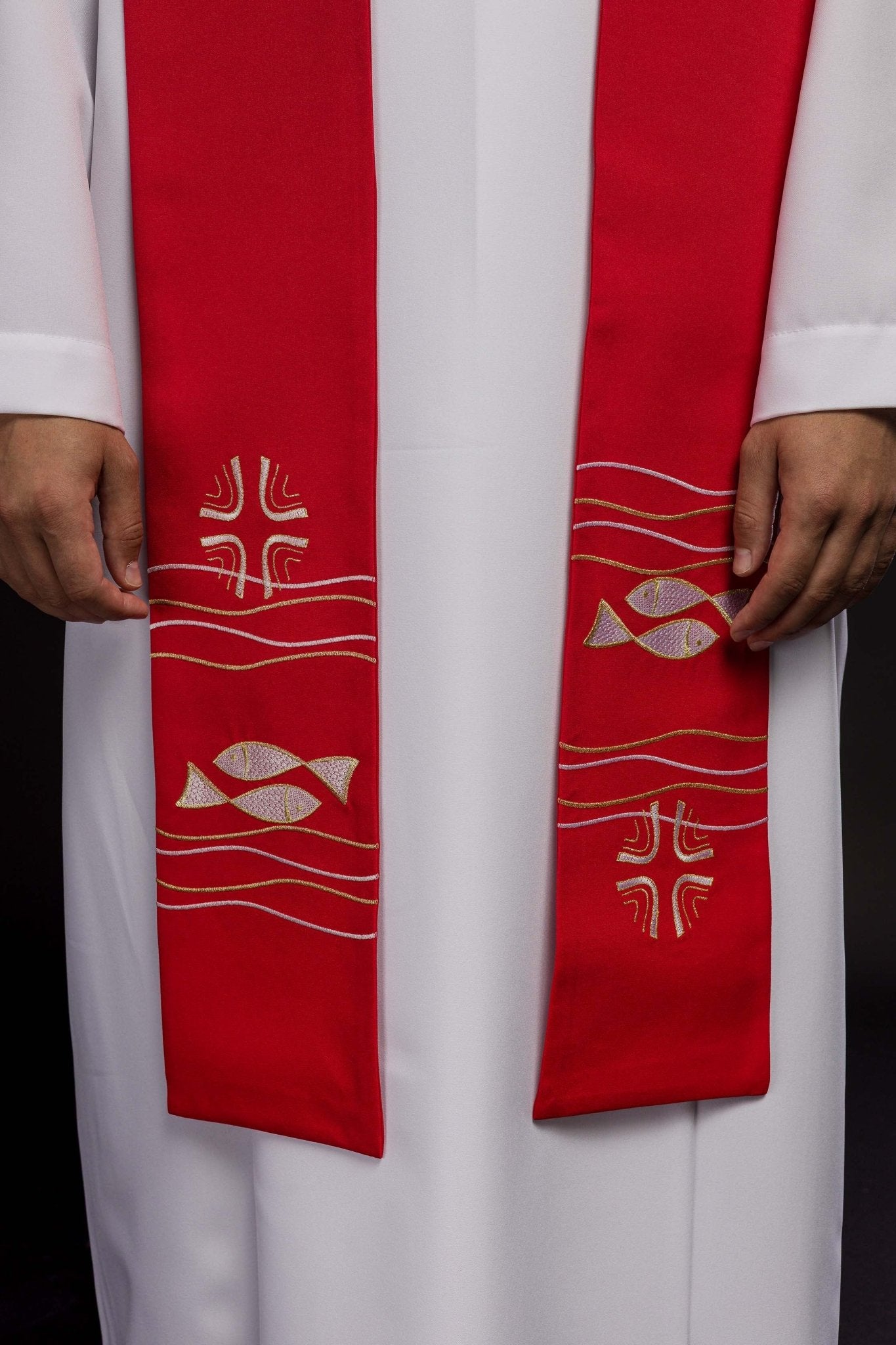Red priestly stole with embroidered Fish motif KST/022/02/01 CZERWONY - HAFTINAUSA.COM