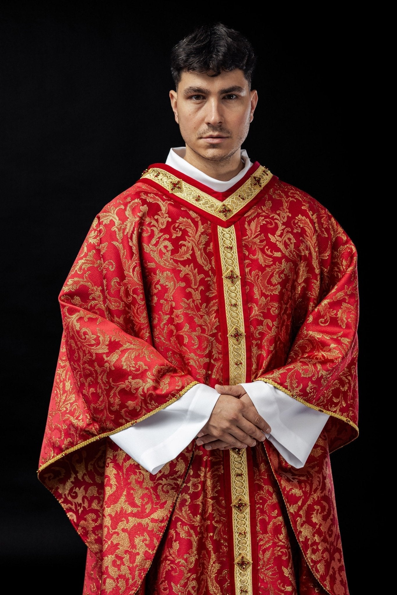 Red priests chasuble with natural stones Handmade 7003 HM/7003/02/90 - HAFTINAUSA.COM