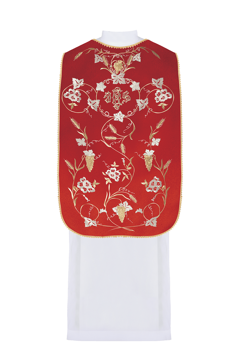 Red Roman Chasuble with the motif of IHS, ears of wheat, and grapes KOR/122/02/01 CZERWONY - HAFTINAUSA.COM