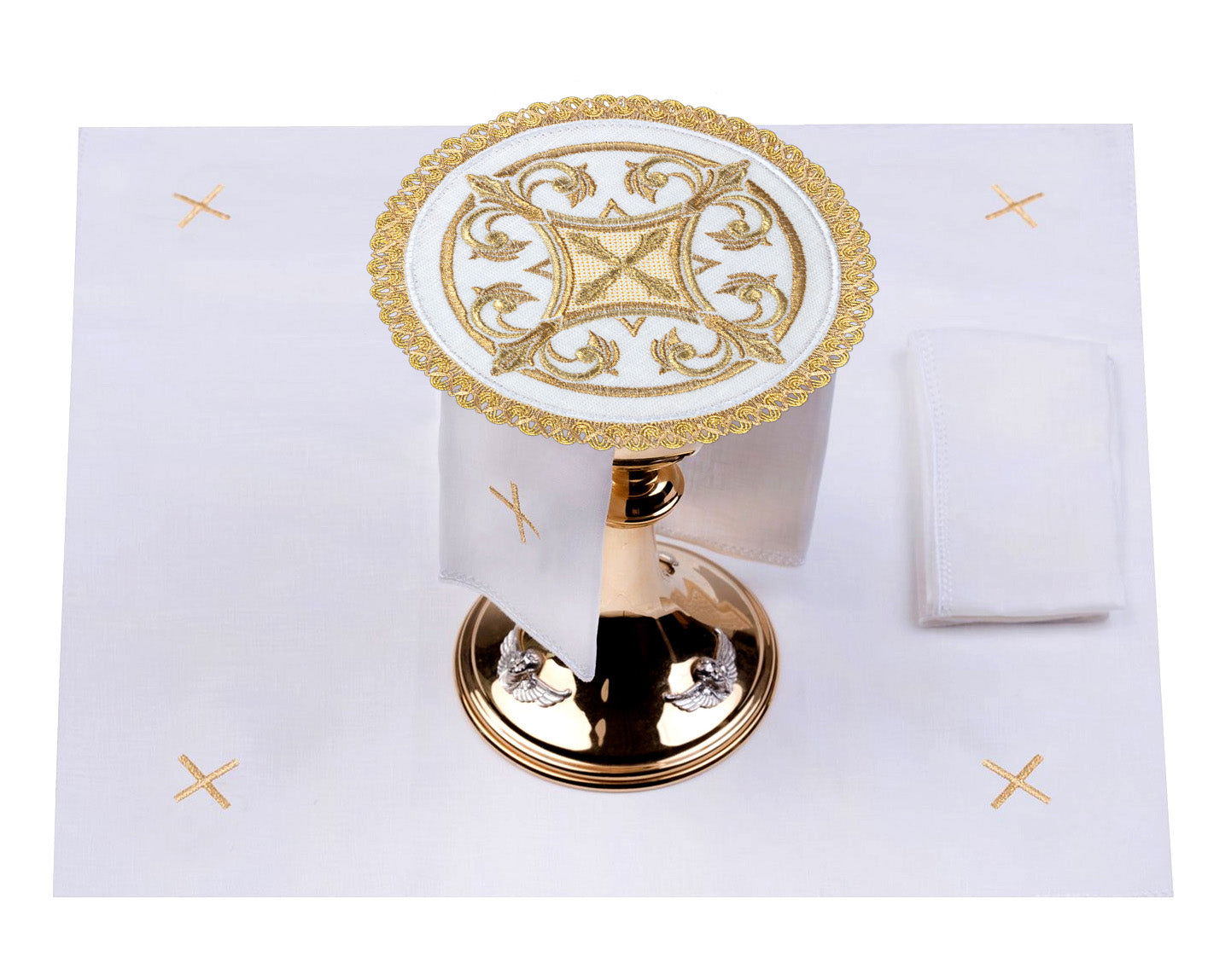 Richly decorated altar linens set with cross embroidery on round toe S - 5022 - HAFTINAUSA.COM