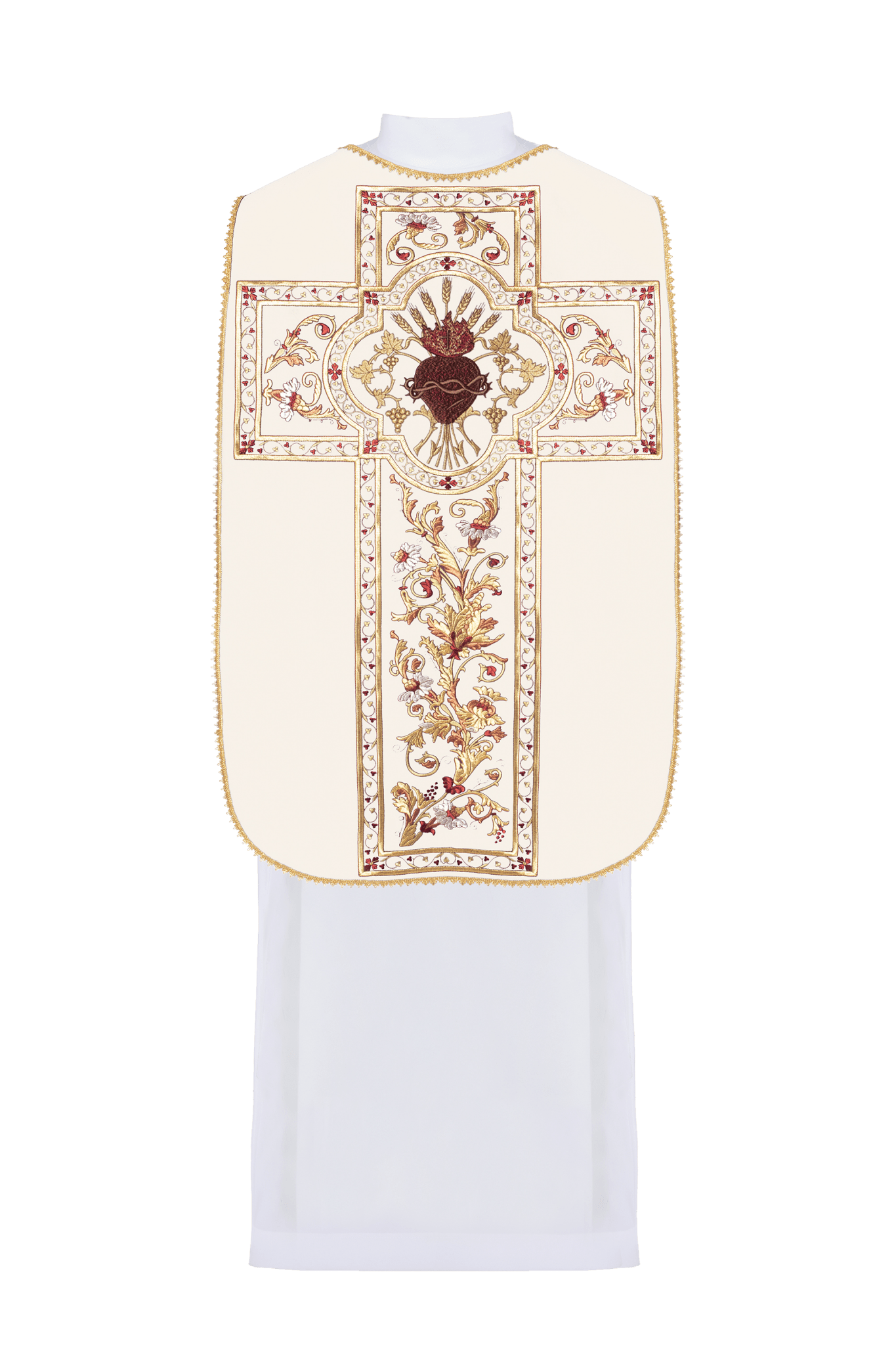 Roman Chasuble embroidered with the Sacred Heart of Jesus in ecru KOR/199/05/20 - HAFTINAUSA.COM