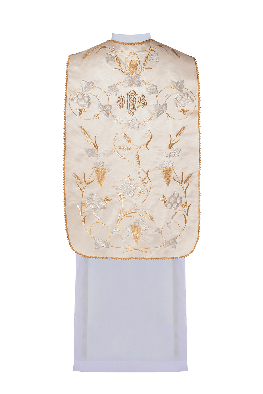 Roman Chasuble IHS with the motif of ears of wheat and grapes in ecru KOR/122/05/20 ECRU SAT. - HAFTINAUSA.COM