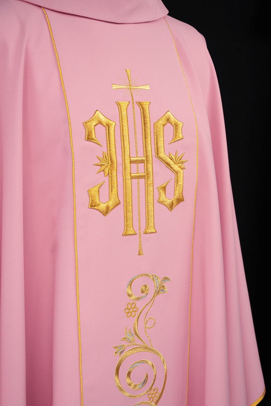 Pink chasuble with classic IHS embroidery