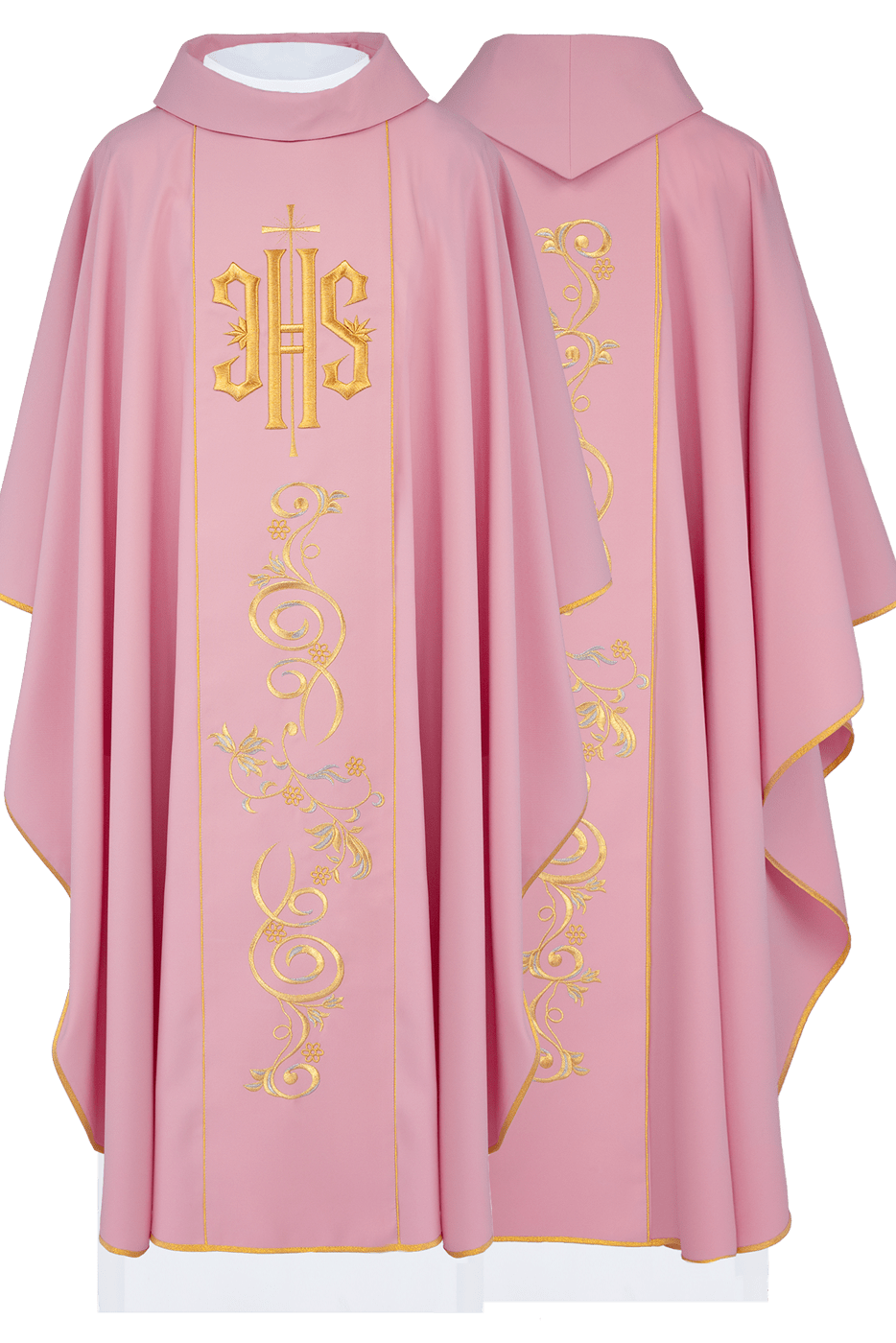 Pink chasuble with classic IHS embroidery