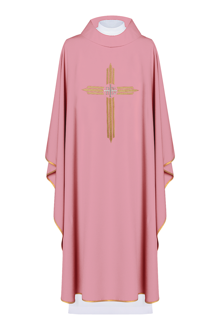 Pink chasuble embroidered with the symbol of Cross IHS