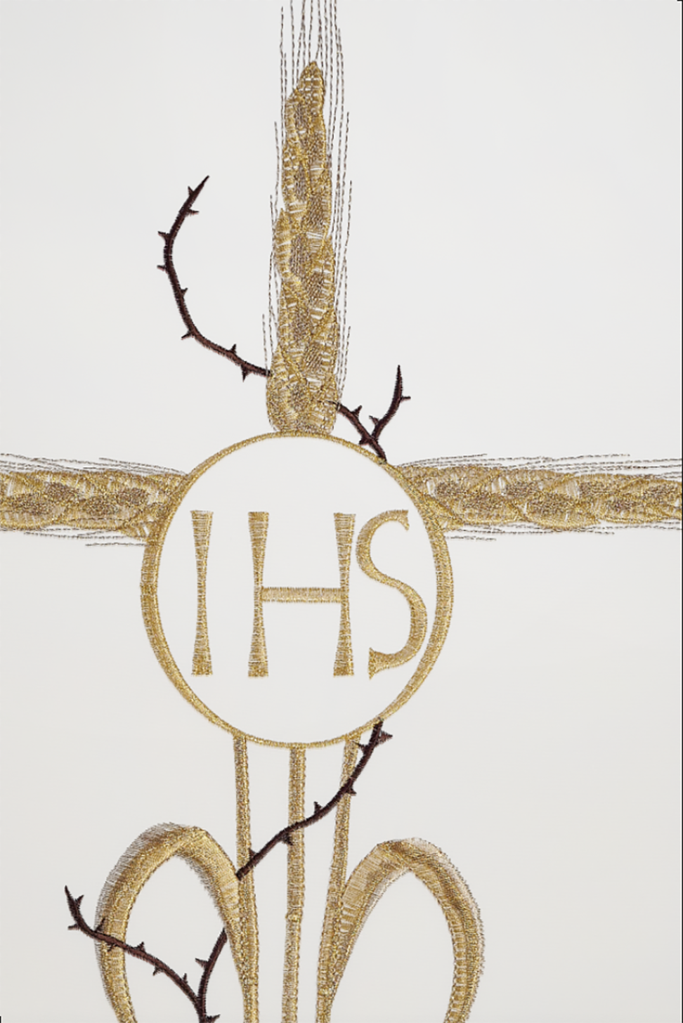 Lectern cover embroidered with a Cross and IHS motif in ecru