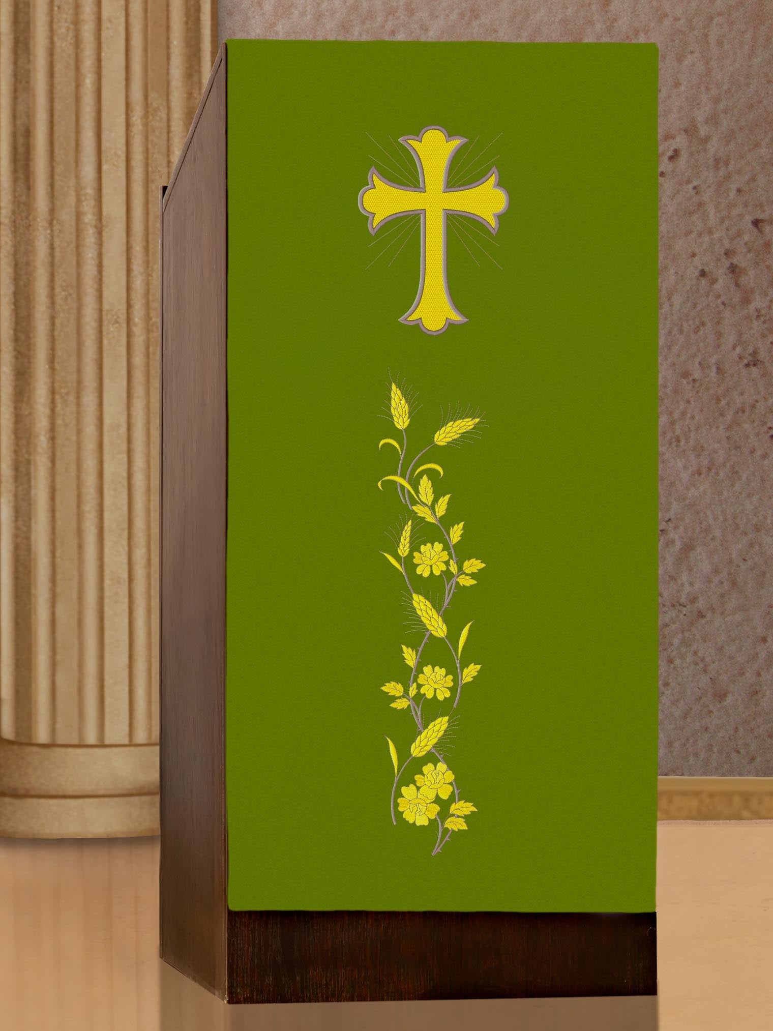 Green lectern cover embroidered with a Cross and IHS motif in green - HAFTINAUSA.COM