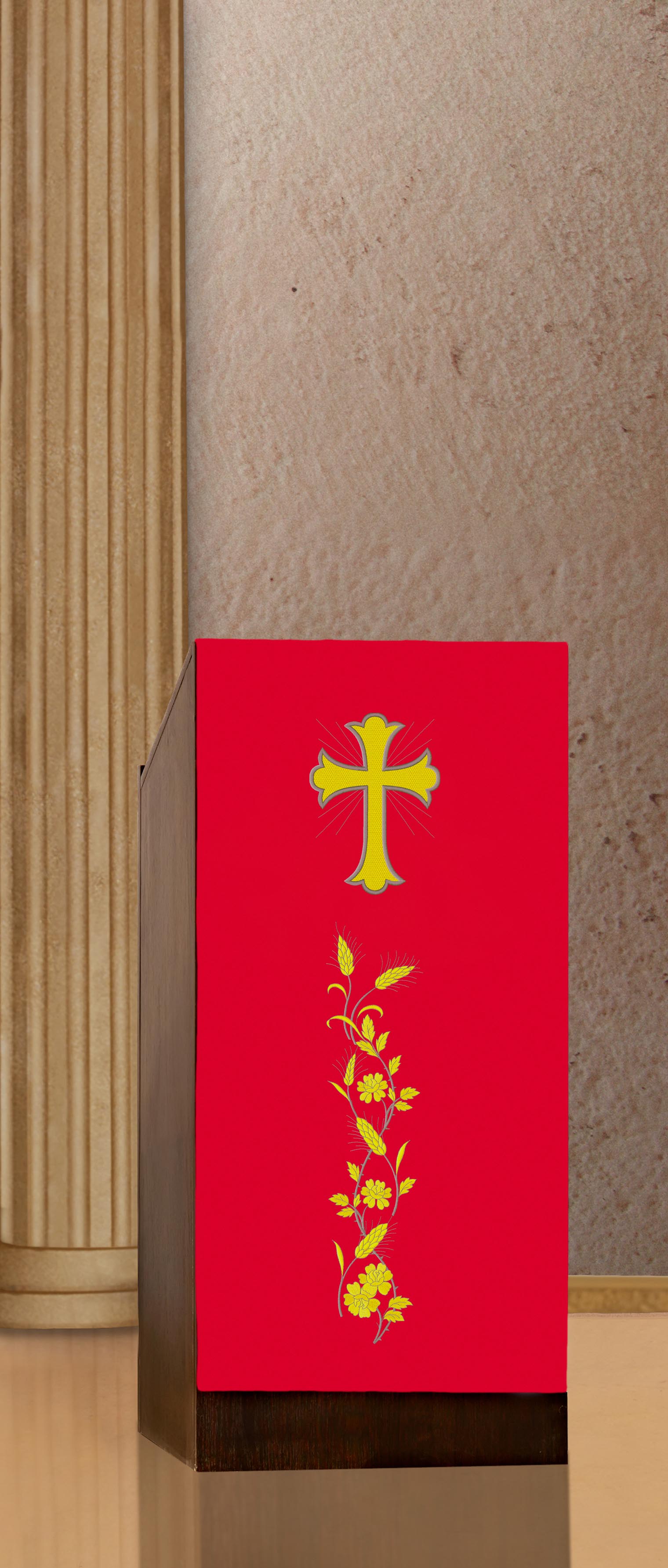 Lectern cover embroidered with a Cross and IHS motif in red