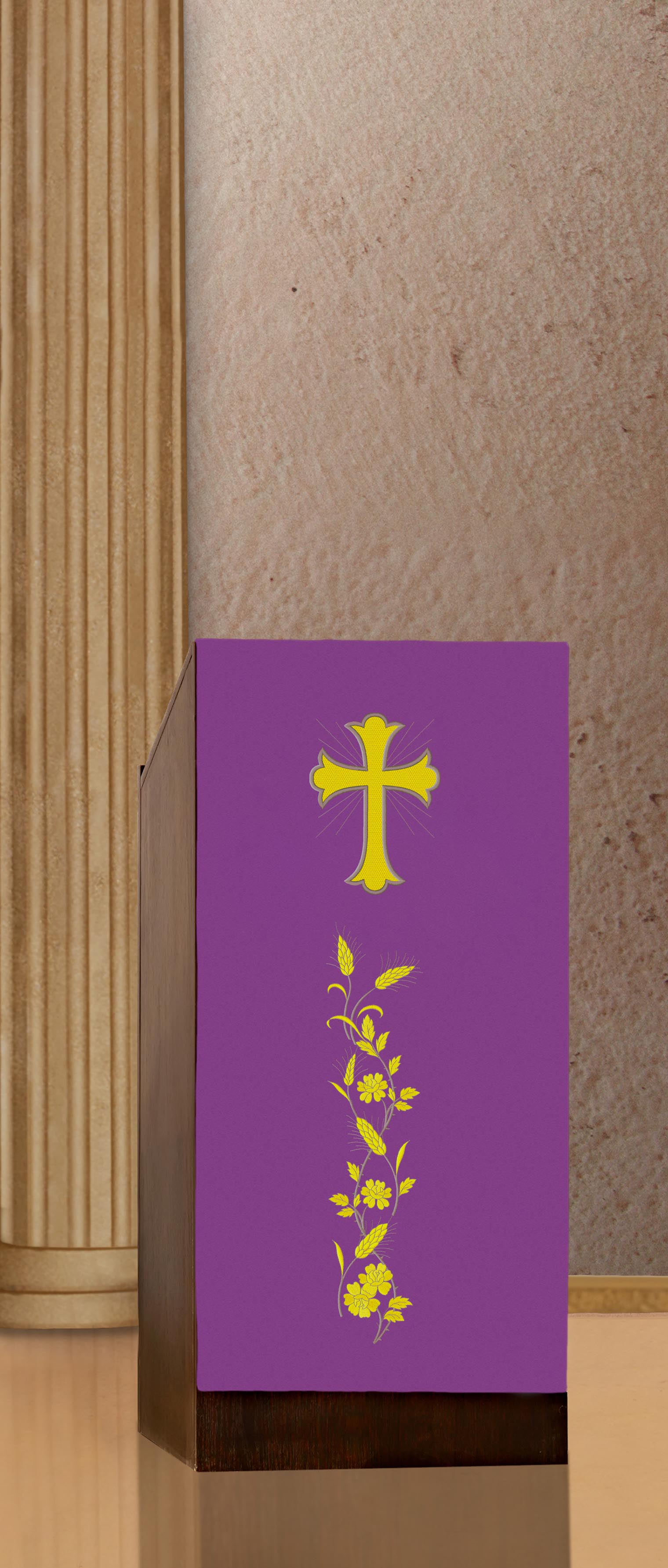 Lectern cover embroidered with a Cross and IHS motif in purple