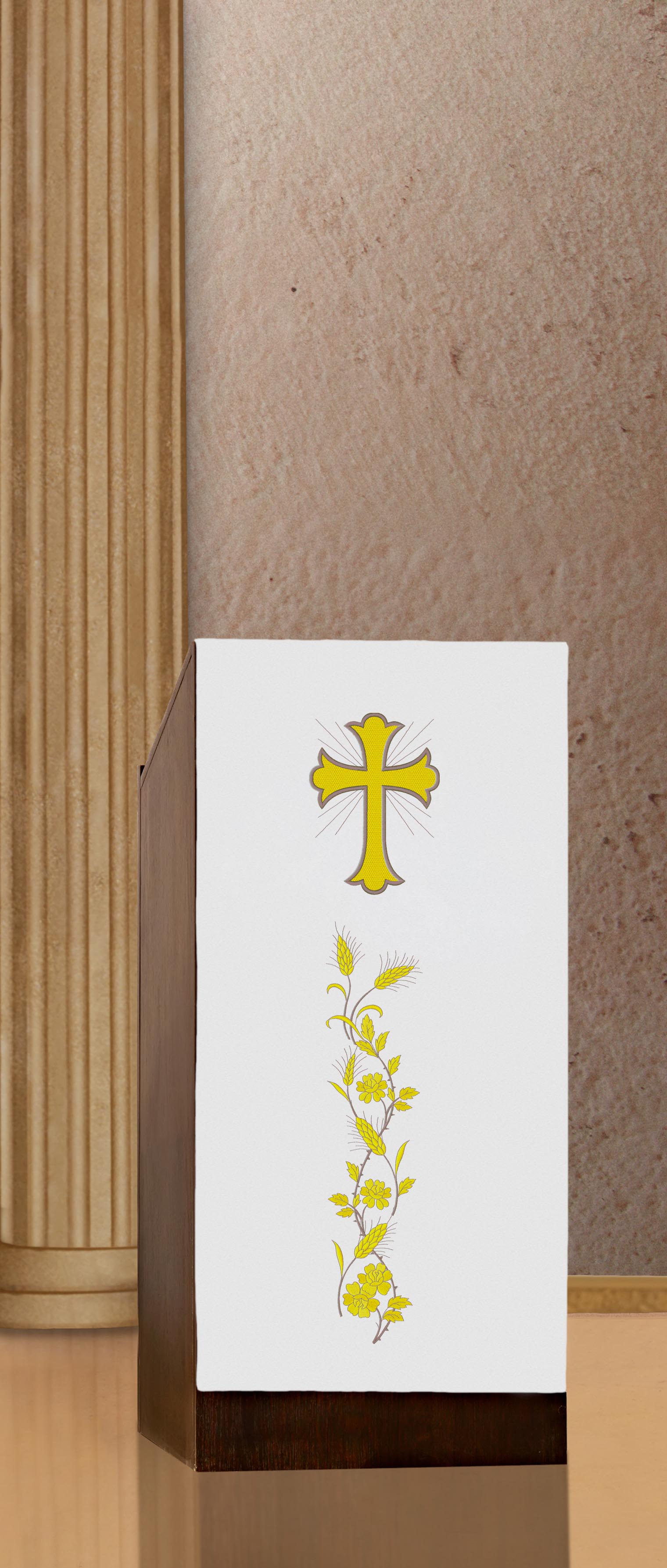 White lectern cover embroidered with a Cross and IHS motif in white - HAFTINAUSA.COM