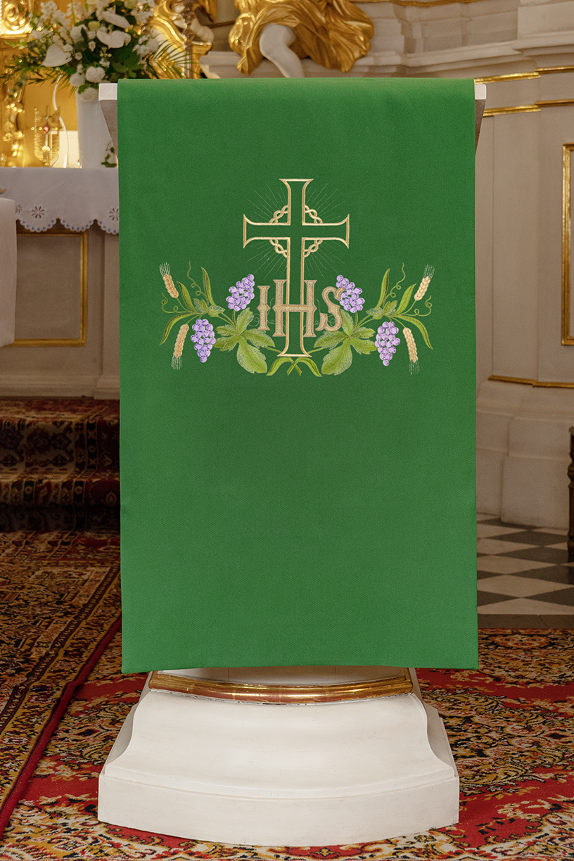 Lectern cover embroidered with an IHS and Cross motif in green