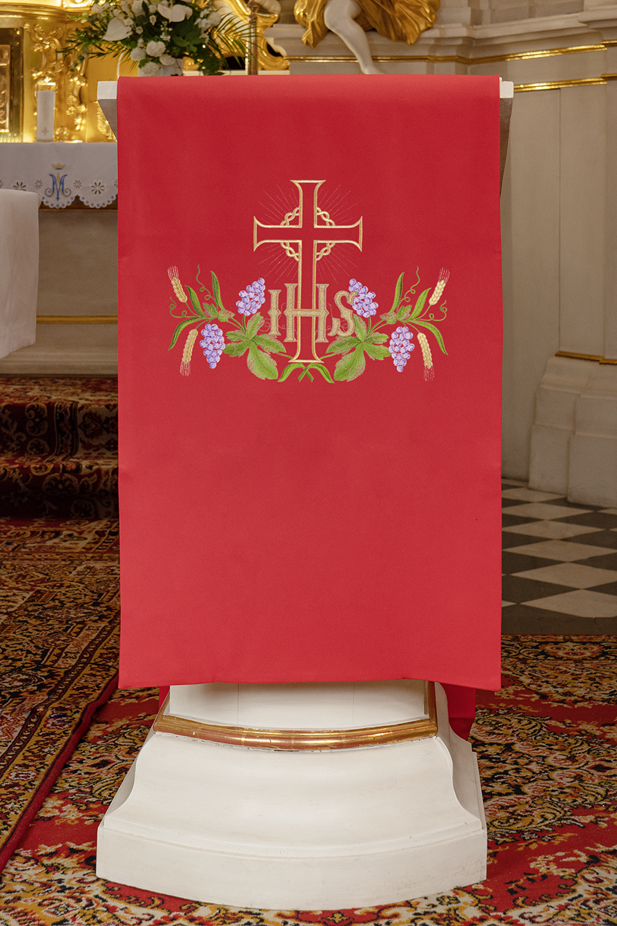 Red lectern cover embroidered with an IHS and Cross motif in red - HAFTINAUSA.COM