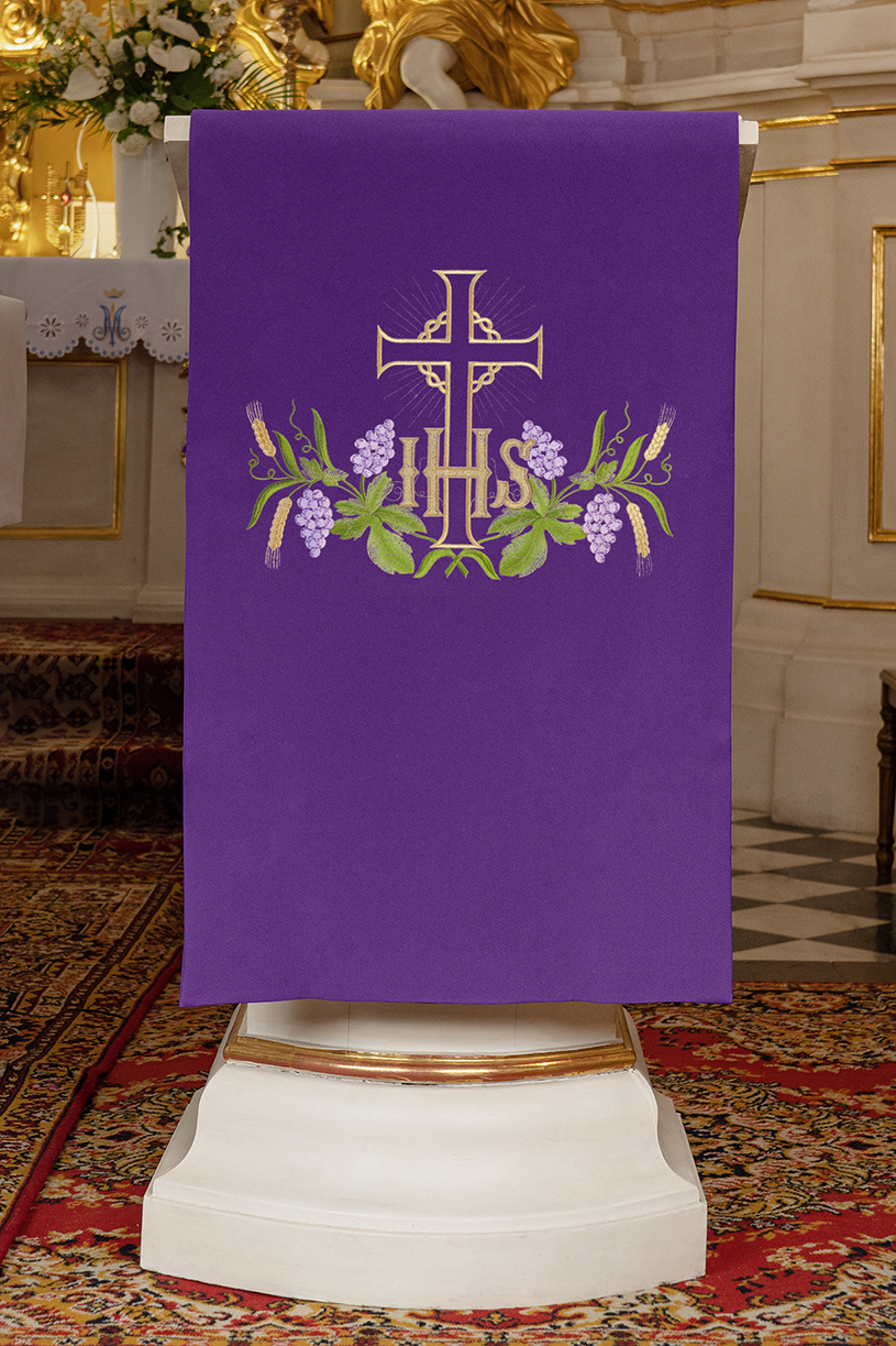 Purple lectern cover embroidered with an IHS and Cross motif in purple - HAFTINAUSA.COM