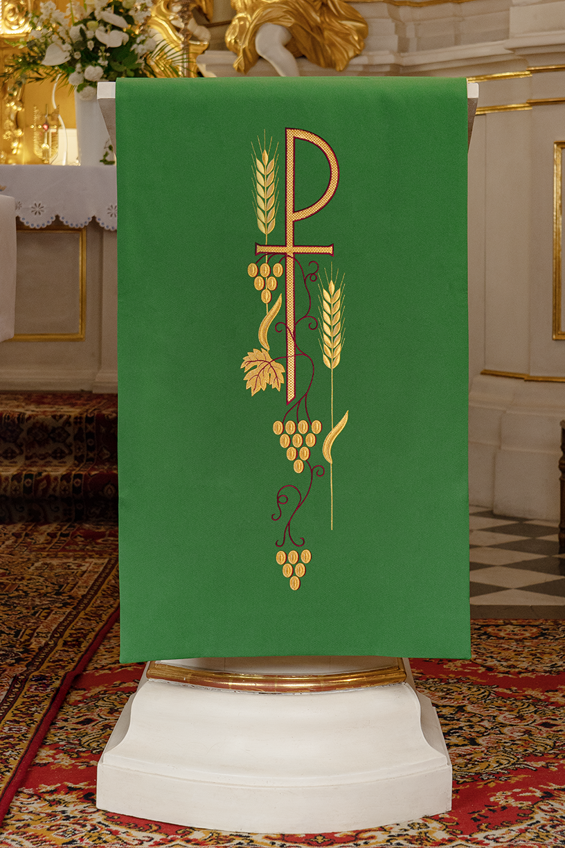 Lectern cover with embroidered PAX symbol in green