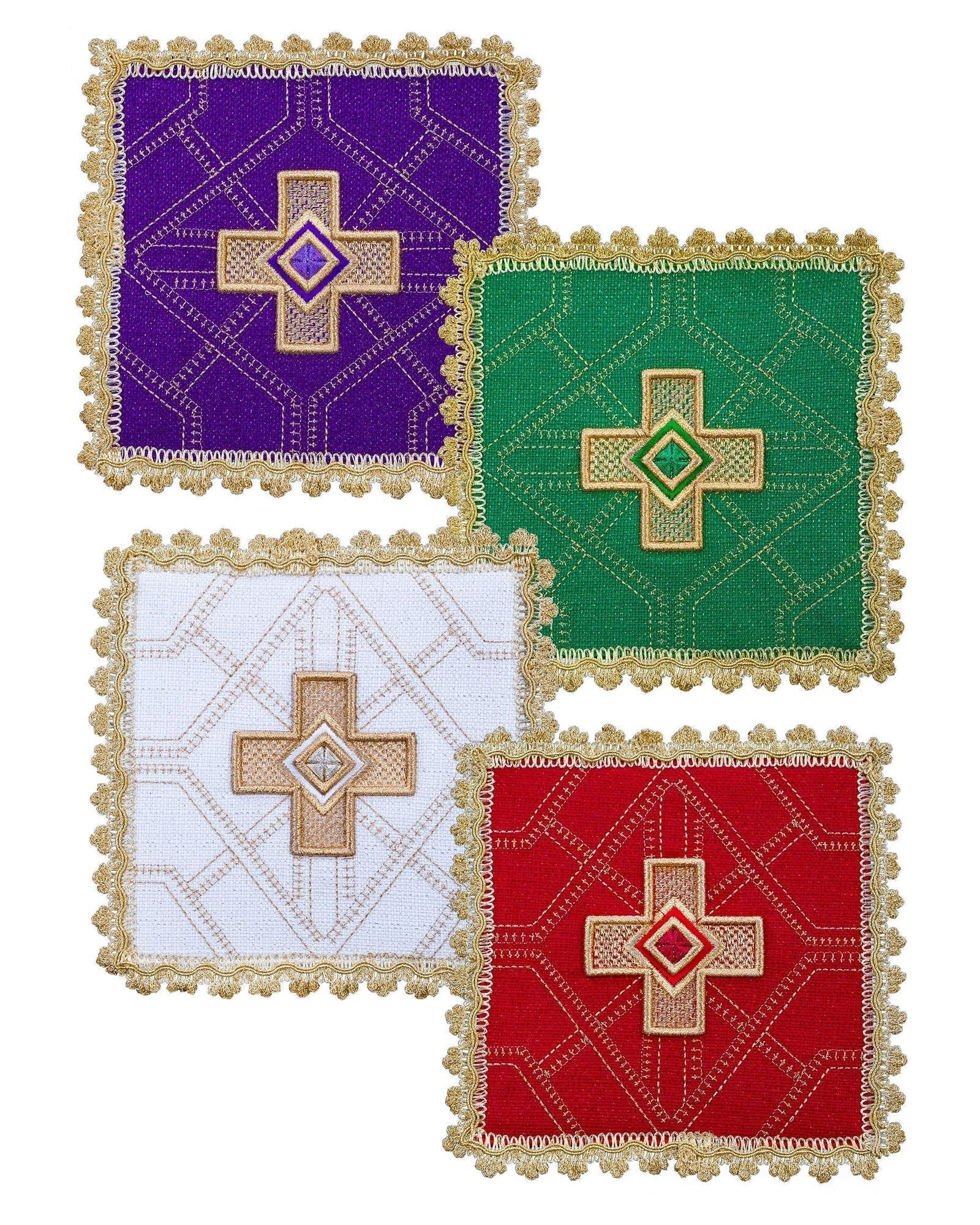 Set of four palls with golden embroidery KPA4/185 18*18 - HAFTINAUSA.COM