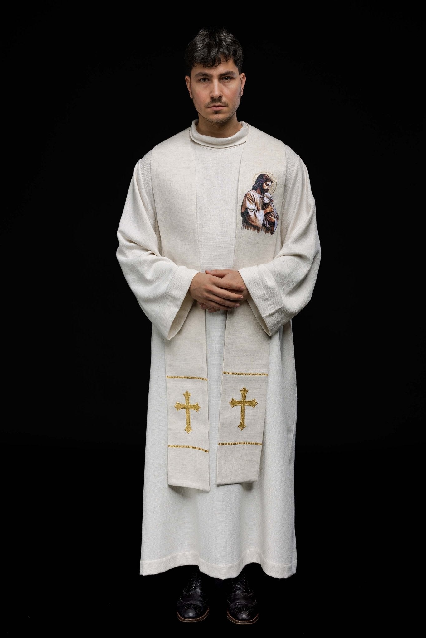 Stole embroidered with the image of Jesus the Good Shepherd with a Lamb KSW2/009/05/49 - HAFTINAUSA.COM