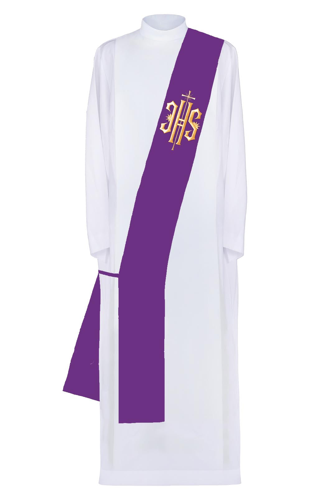 Deacon stole embroidered with IHS and Cross in purple