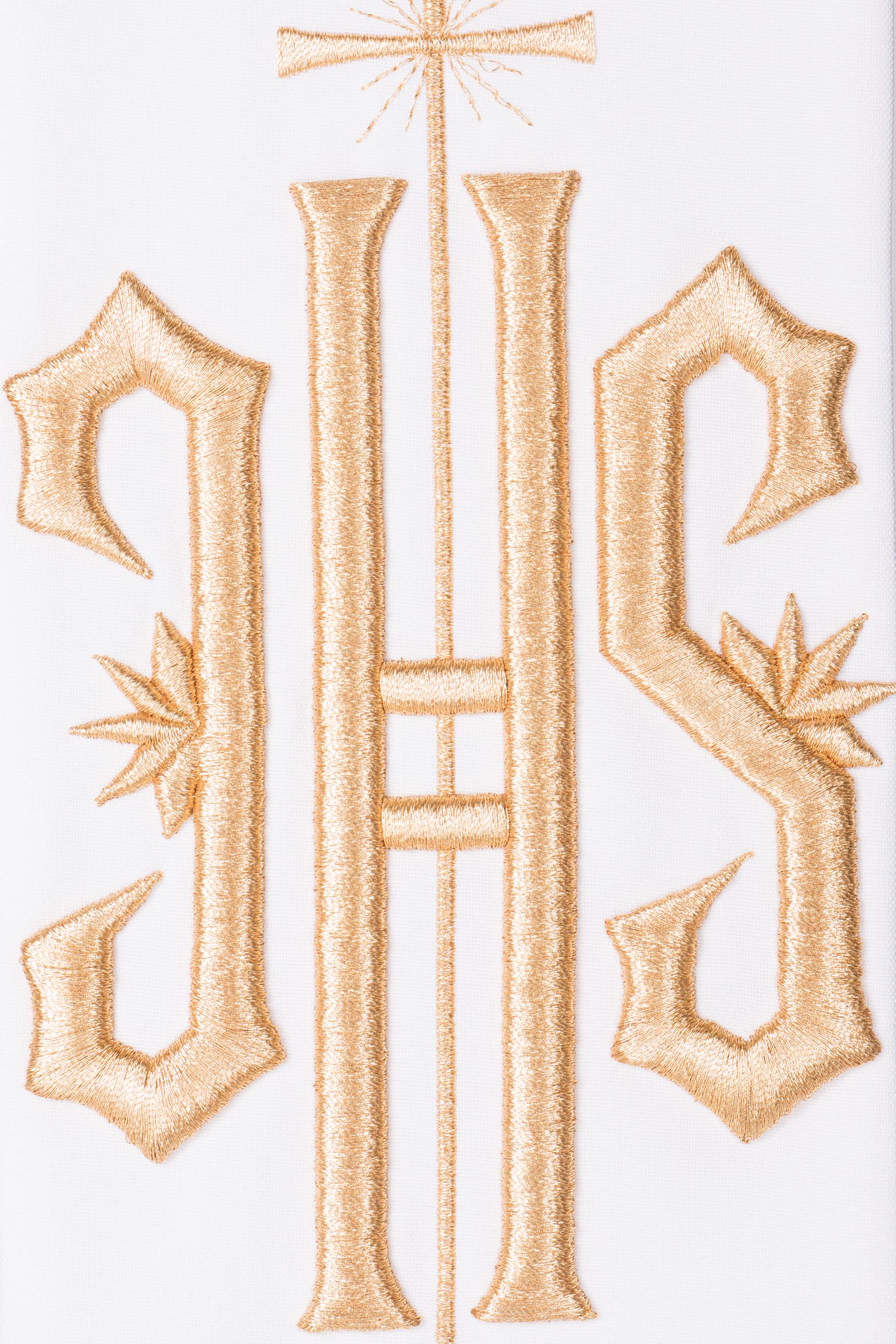 Deacon stole embroidered with IHS and Cross in ecru