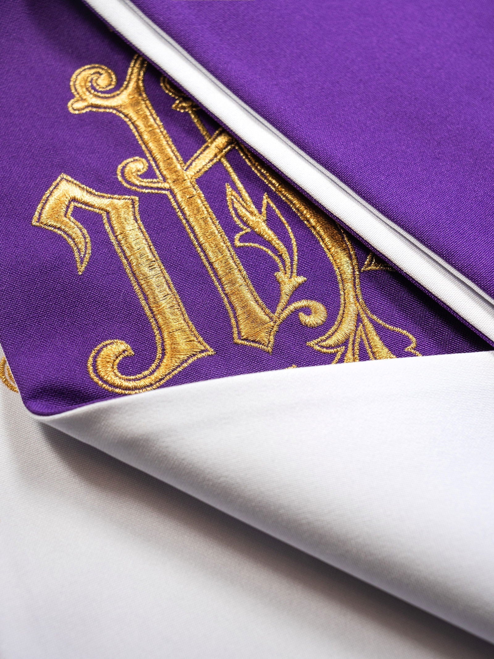 Purple and White embroidered IHS stole