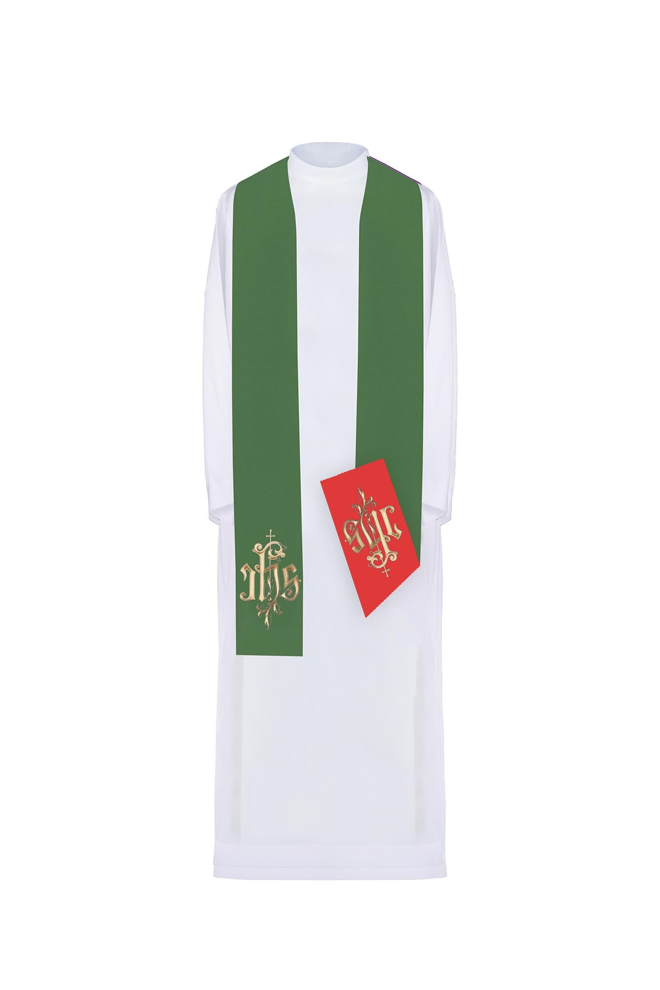 Double-sided IHS embroidered stole in green and red - HAFTINAUSA.COM