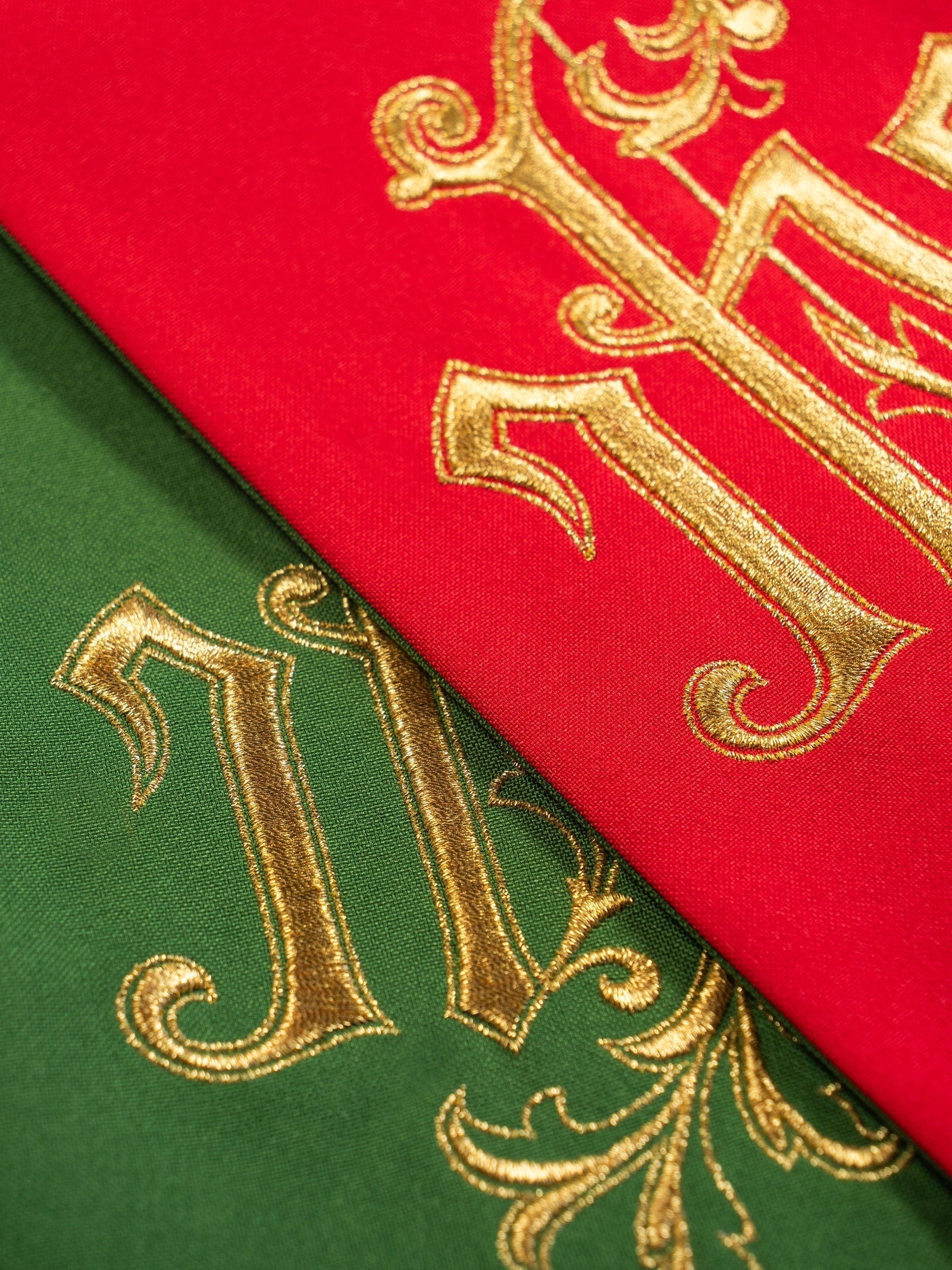 Double-sided IHS embroidered stole in green and red