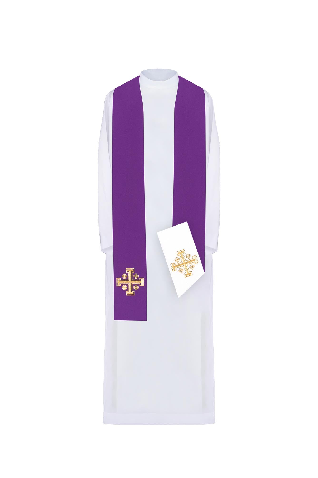 Purple and White Jerusalem Cross embroidered priestly stole