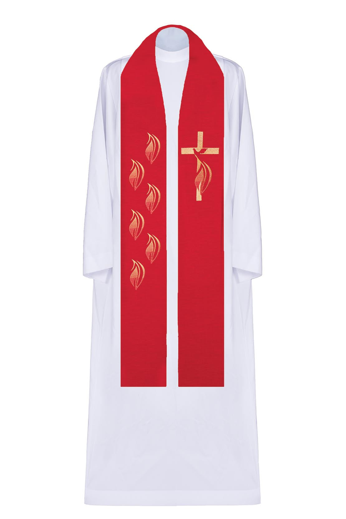 Red stole with embroidered Holy Spirit, cross, and tongues of fire