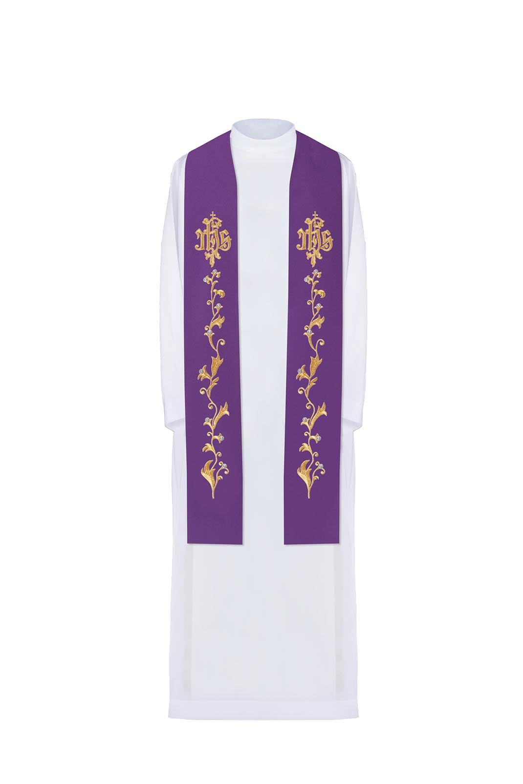 Purple embroidered stole with IHS on a cross