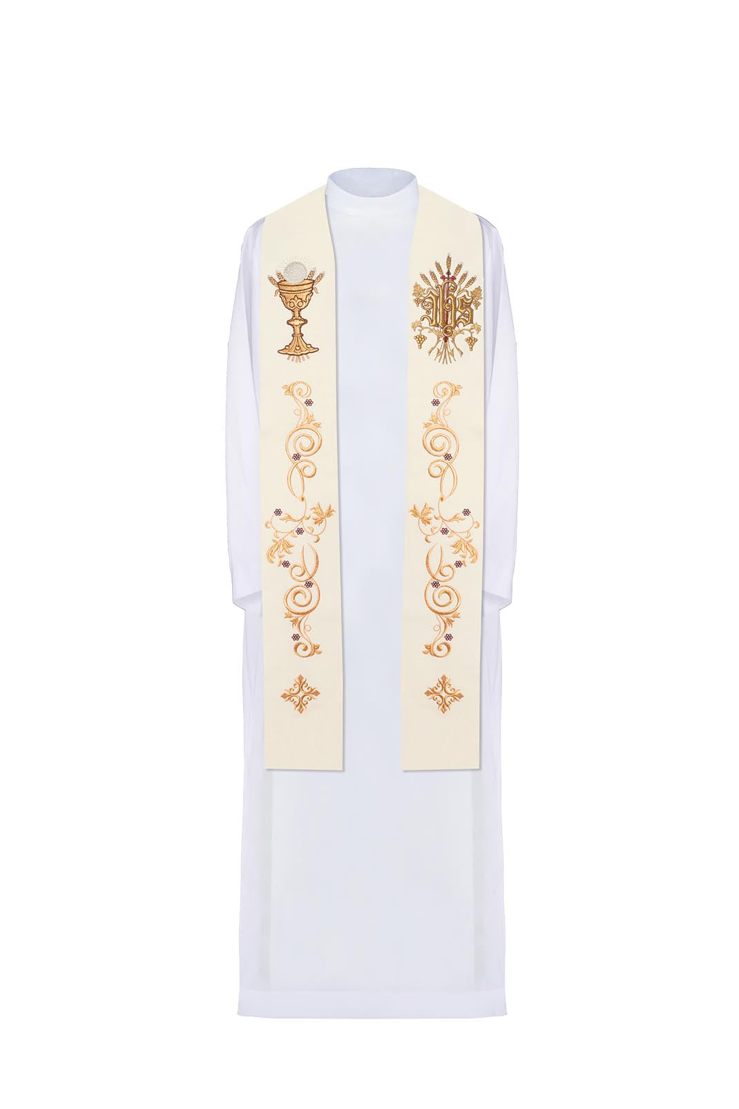 Ecru embroidered IHS and chalice stole