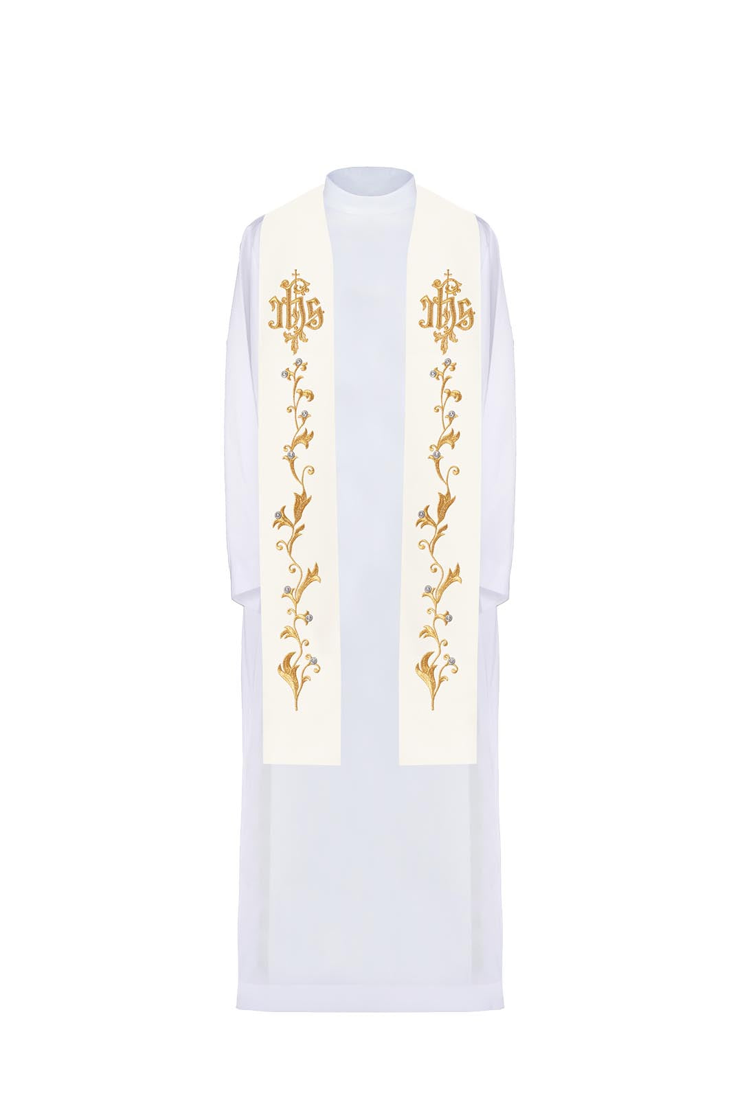 Ecru priestly stole embroidered with IHS on a cross - HAFTINAUSA.COM